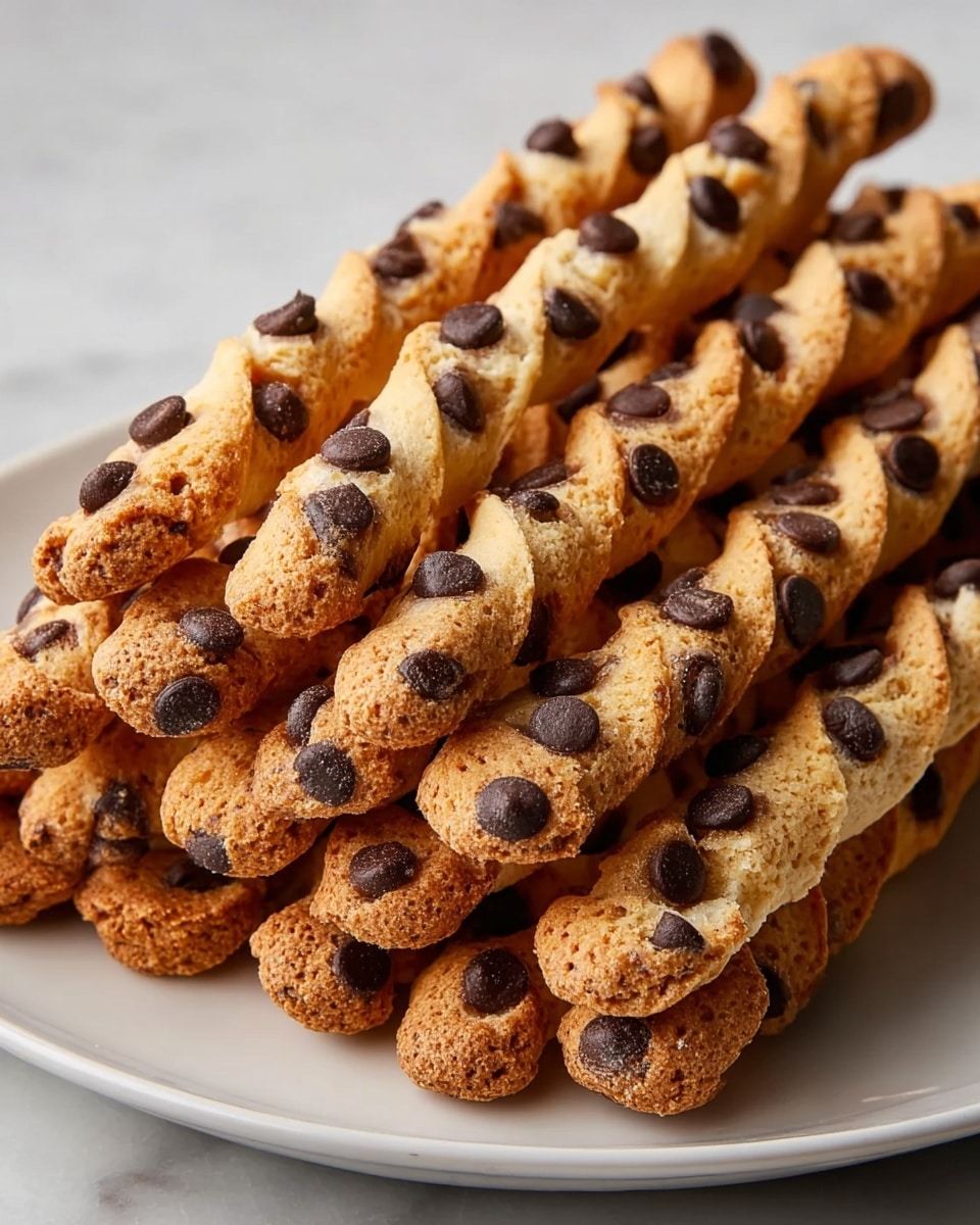 A close-up view of a white plate piled high with long, twisted cookie sticks covered in dark chocolate chips. Each cookie stick is golden brown with a rough, crunchy texture and has chocolate chips evenly scattered all over its surface. The sticks are stacked in a neat, slightly overlapping way, showing their twisted shape clearly. The whole scene is placed on a white marbled texture, giving a clean and bright look. photo taken with an iphone --ar 4:5 --v 7