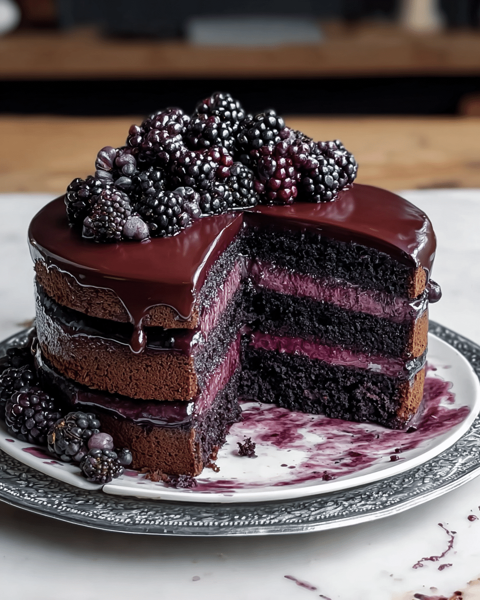 A two-layer dark chocolate cake is shown with deep purple filling between the layers and a shiny dark purple glaze covering the top and sides. The top is decorated with a bunch of fresh blackberries and some dark purple berries on one side. The cake is placed on a white plate with a textured silver rim, and some of the purple glaze and crumbs have spilled onto the plate. The background is a white marbled texture with light wooden tones at the bottom edge. Photo taken with an iphone --ar 4:5 --v 7