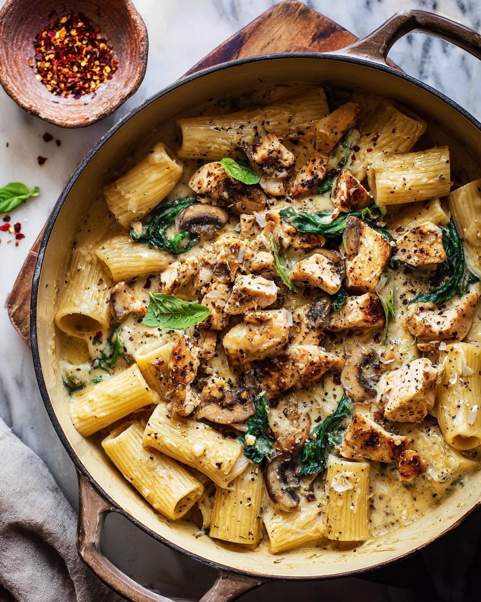 A deep white pot holds a creamy pasta dish with three main layers: large thick rigatoni pasta in a pale yellow cream sauce with specks of black pepper spread evenly throughout as the base layer, medium brown grilled chicken pieces scattered on top of the pasta adding texture, and dark green spinach leaves interspersed between the pasta and chicken for color. The sauce looks rich and smooth, coating everything well, with some pieces of mushrooms and hints of herbs visible. Around the pot, on a white marbled surface, there is a small rustic bowl with red chili flakes and green herb leaves scattered nearby. photo taken with an iphone --ar 4:5 --v 7
