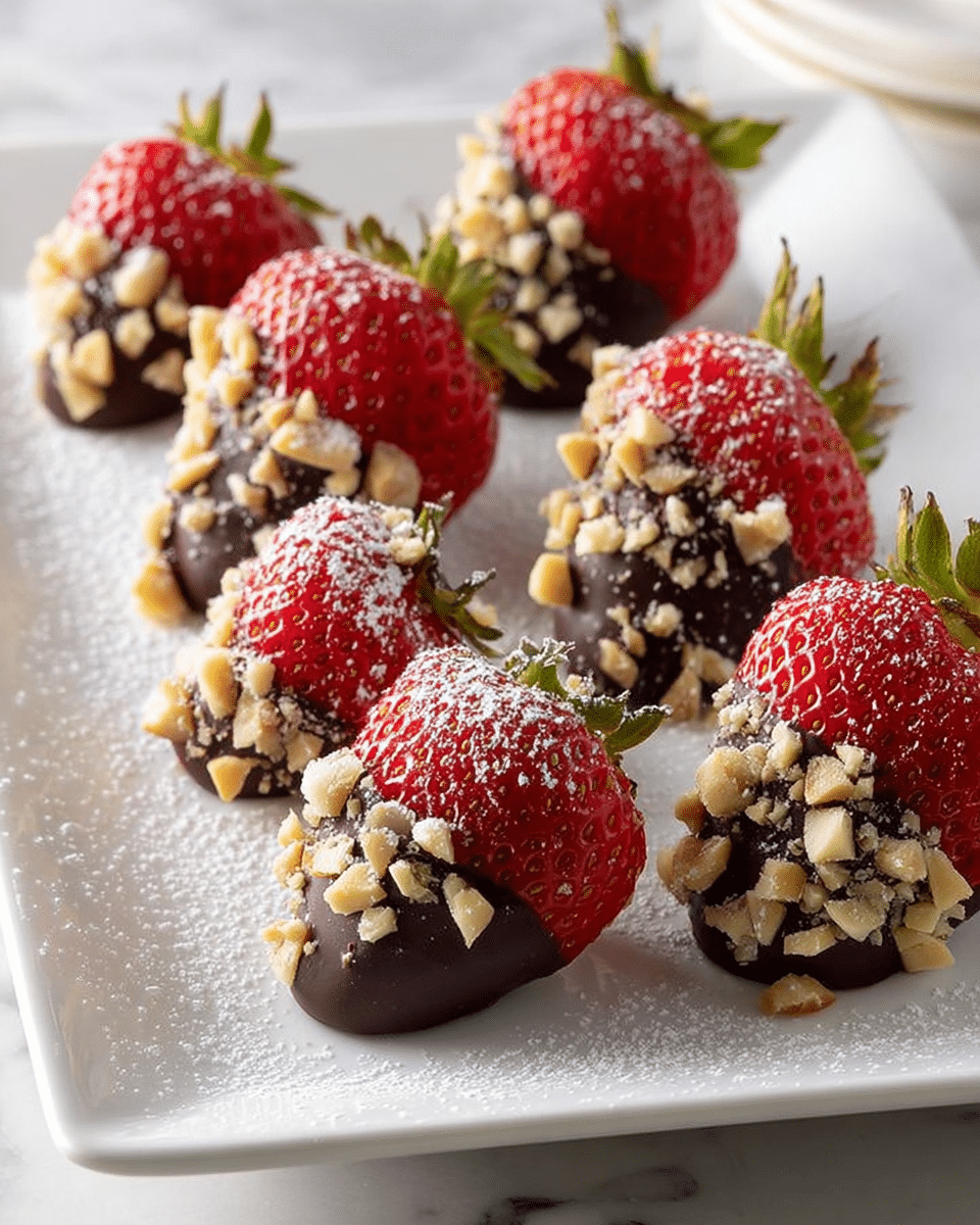 The image shows several bright red strawberries standing upright on a white rectangular plate, each strawberry dipped in a layer of smooth, dark chocolate that covers the lower half, then sprinkled with small, light brown nut pieces around the chocolate area, creating a crunchy texture contrast. The strawberries have a slightly shiny surface with tiny seeds visible, while the chocolate has a matte finish. A light dusting of white powdered sugar is sprinkled over the strawberries and plate, adding a soft, powdery texture. The plate and strawberries sit on a white marbled background. Photo taken with an iphone --ar 4:5 --v 7