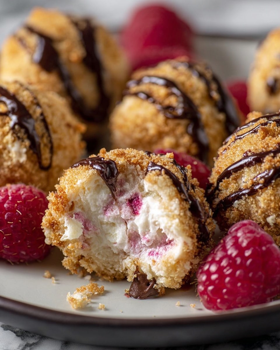 The image shows several small round dessert balls coated with a crumbly golden-brown layer. One ball is bitten into, revealing a soft white cream with bits of pink fruit inside. There are dark chocolate drizzle lines over the crumb coating. Next to the balls are bright red raspberries. All items are placed on a white plate with a dark base, set against a white marbled surface. Photo taken with an iphone --ar 4:5 --v 7
