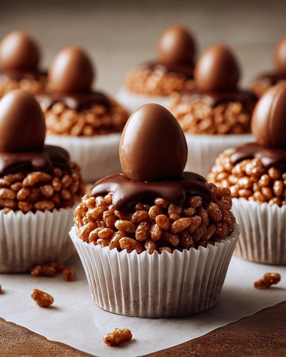 The image shows several cupcakes in white paper liners arranged on a white marbled surface covered with parchment paper. Each cupcake has a base layer of puffed rice cereal coated in chocolate, forming a round, crunchy base with a glossy texture. On top of this, there is a smooth, shiny layer of melted chocolate that drips slightly over the cereal, creating a rich topping. Each cupcake is crowned with a small, round chocolate egg placed upright in the center, adding height and visual interest. The overall color palette is various shades of brown from the different chocolates and the white liners add contrast. Photo taken with an iphone --ar 4:5 --v 7