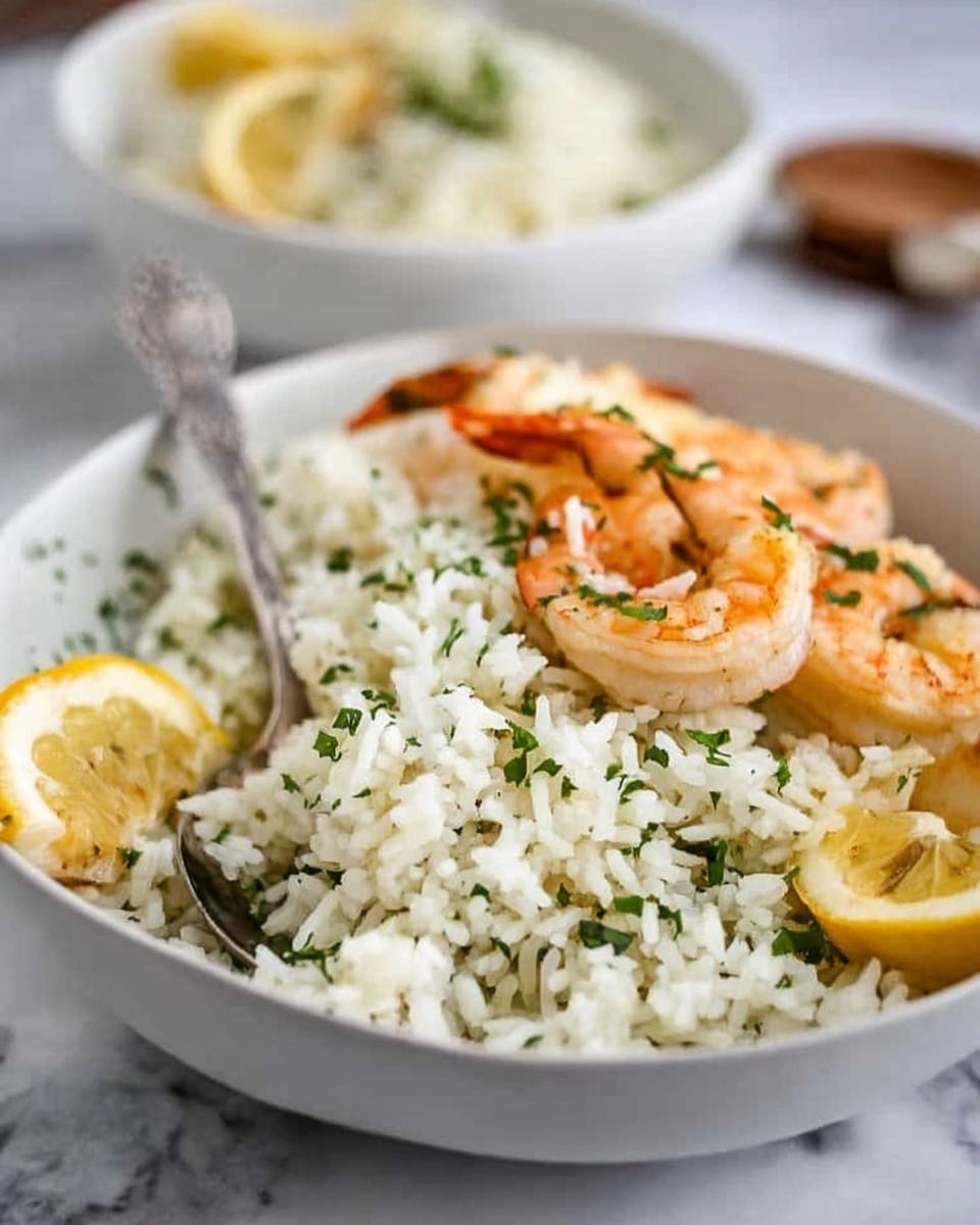 A shallow white bowl sits on a white marbled surface, filled mostly with fluffy white rice mixed with small green herbs, giving it a speckled green look. On top of the rice, there are several cooked shrimp that are a light orange color with some browning from cooking. In the front side of the bowl, two lemon wedges rest on the rice, adding a bright yellow color contrast. A silver spoon rests inside the bowl near the back, slightly buried in the rice. In the blurred background, another white bowl of rice and lemon wedges can be seen. photo taken with an iphone --ar 4:5 --v 7