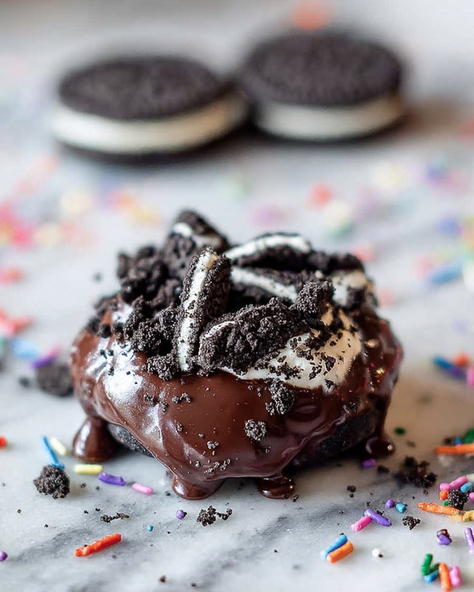 A single piece of dark chocolate dough covered in thick, glossy chocolate glaze lies in the center, with broken black and white cookie pieces scattered densely on top, creating one textured layer of cookie chunks. Two whole black and white cookies rest blurred in the background on a white marbled surface, surrounded by small colorful sprinkles and cookie crumbs scattered widely around the chocolate dough, adding small pops of color and texture. photo taken with an iphone --ar 4:5 --v 7