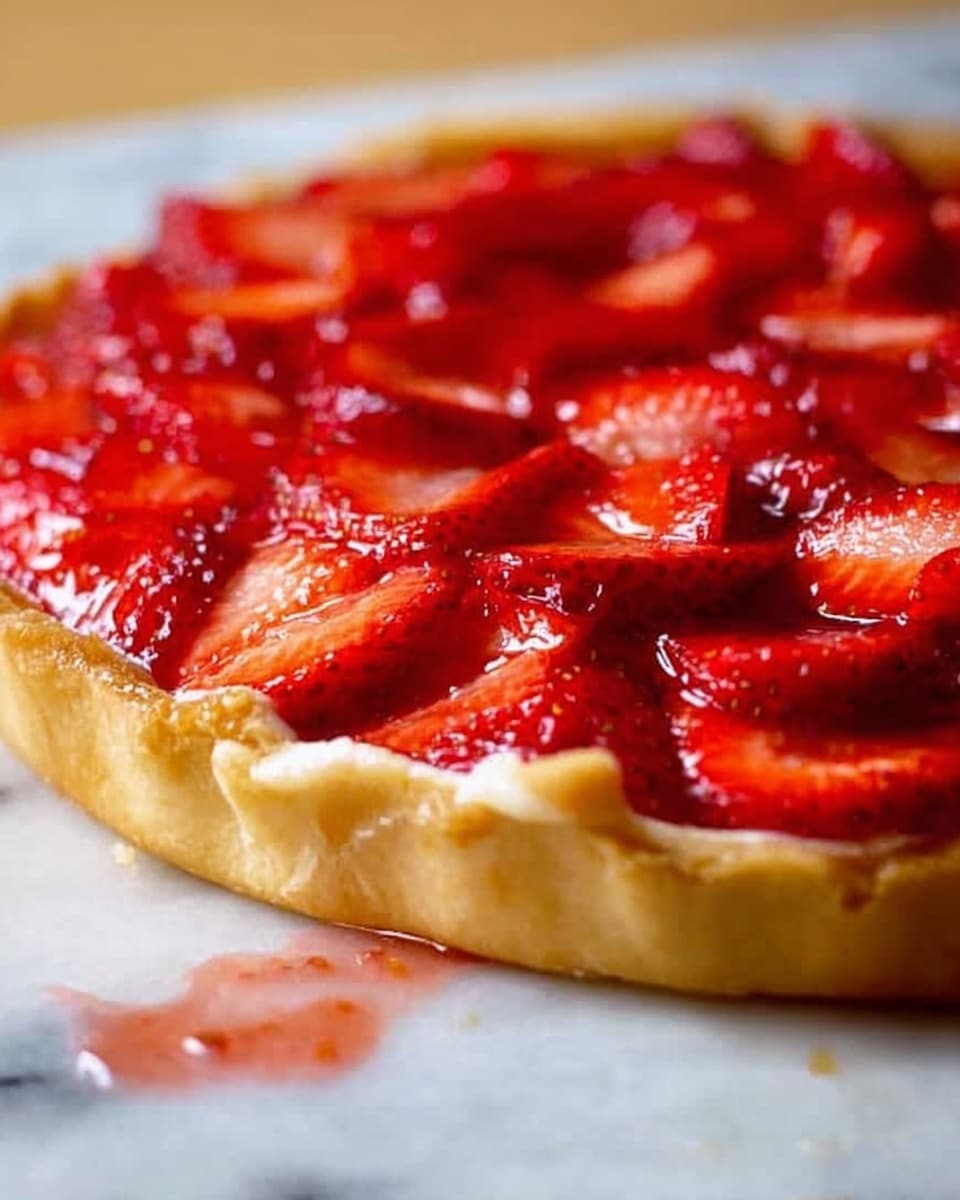 The image shows a close-up view of a strawberry tart placed on a white marbled surface. The tart has one visible layer of golden-brown crust that is thick and gently folded on the edges. On top of the crust is a thick layer of fresh, sliced strawberries, their bright red color shining and some juice slightly spilling on the surface beside the tart. The strawberries are closely packed and glisten, creating a juicy texture contrast with the smooth crust. The focus is sharp in the center of the tart, blurring softly towards the background. Photo taken with an iphone --ar 4:5 --v 7