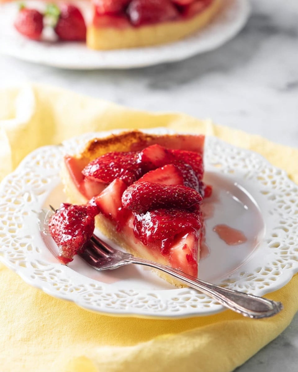 A single slice of strawberry tart sits on a white plate with a lace-like edge, showing three layers: a golden baked crust at the bottom, a bright red strawberry topping with whole and sliced strawberries soaked in glossy syrup in the middle, and a small piece of crust edge visible on top. A silver fork rests on the plate, partly under the strawberries. The plate is placed on a yellow cloth, all set against a white marbled surface. In the background, part of another slice on a white plate is visible. photo taken with an iphone --ar 4:5 --v 7