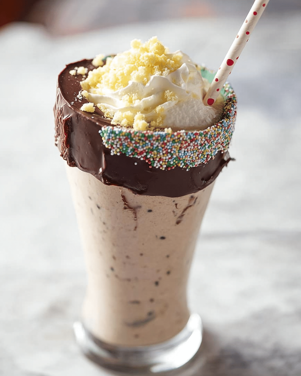 A tall glass filled with a light brown milkshake that has tiny dark specks, topped with a thick ring of dark chocolate fudge around the rim. The fudge is decorated with colorful sprinkles on one side and holds a white straw with red dots standing tall through the center of the drink. A generous mound of whipped cream topped with light yellow crumbles sits on top inside the chocolate ring. The glass rests on a white marbled surface. photo taken with an iphone --ar 4:5 --v 7