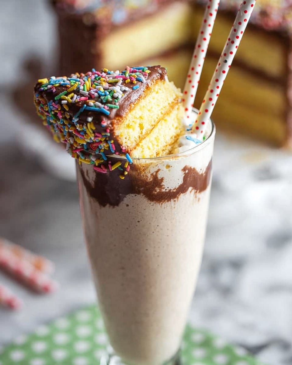 The image shows a tall glass filled with a creamy beige milkshake, topped with a large piece of yellow layered cake with a light crumb texture. The cake slice has a thick chocolate frosting layer on the edges, decorated with colorful sprinkles mostly on the side facing outward. A white straw with red polka dots is placed through the cake slice into the milkshake. The glass sits on a green patterned surface, with a blurred background featuring similar cake and straws, all set on a white marbled texture. photo taken with an iphone --ar 4:5 --v 7