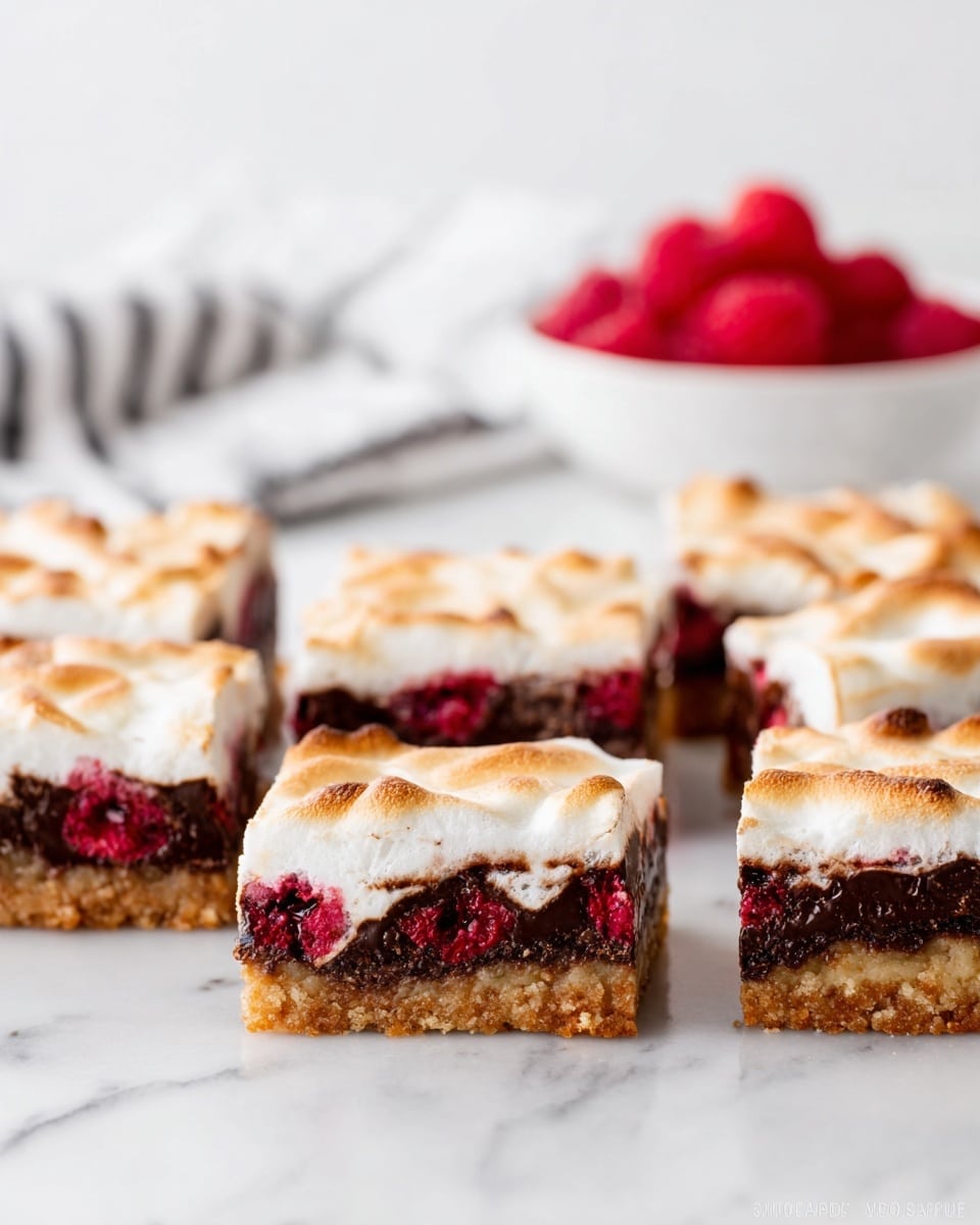 The image shows six dessert bars arranged in two rows on a white marbled surface. Each bar has three visible layers: the bottom layer is a golden-brown crumbly crust, the middle layer is a dark rich chocolate with scattered red raspberries embedded inside, and the top layer is a light, fluffy, and slightly toasted marshmallow topping that has a creamy white color with golden brown spots. In the background, there is a white bowl filled with red raspberries and a white cloth with black stripes, both slightly out of focus. The photo taken with an iphone --ar 4:5 --v 7
