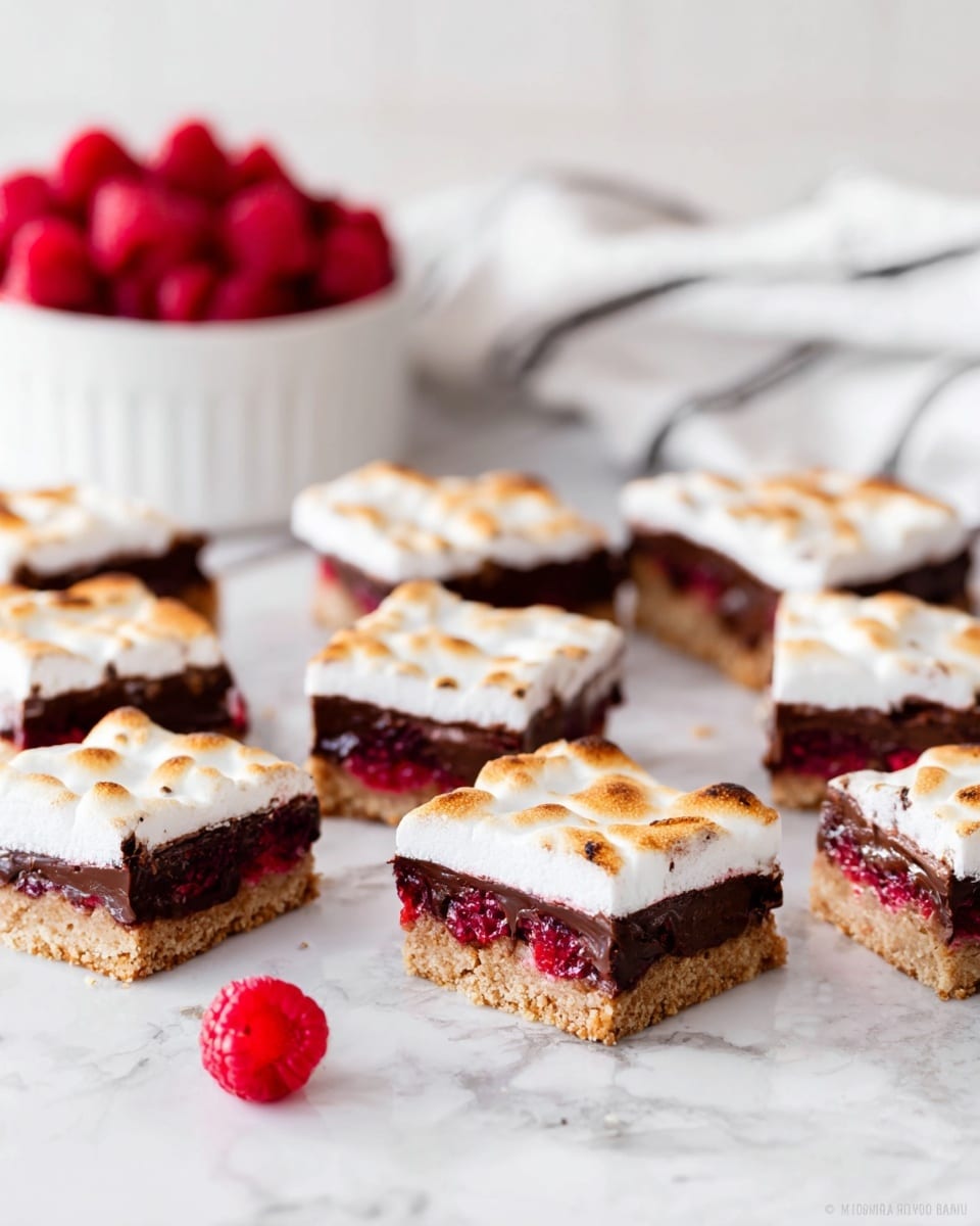 The image shows nine square dessert bars arranged in three rows on a white marbled surface. Each bar has three layers: a light brown crumbly base at the bottom, a thick dark chocolate layer in the middle embedded with bright red raspberries visible at the edges, and a fluffy white marshmallow layer on top that is lightly toasted with golden brown spots. In the background, a white bowl filled with fresh red raspberries sits on a crumpled white cloth with black stripes. A single raspberry is placed on the surface in the foreground near the bars. Photo taken with an iphone --ar 4:5 --v 7