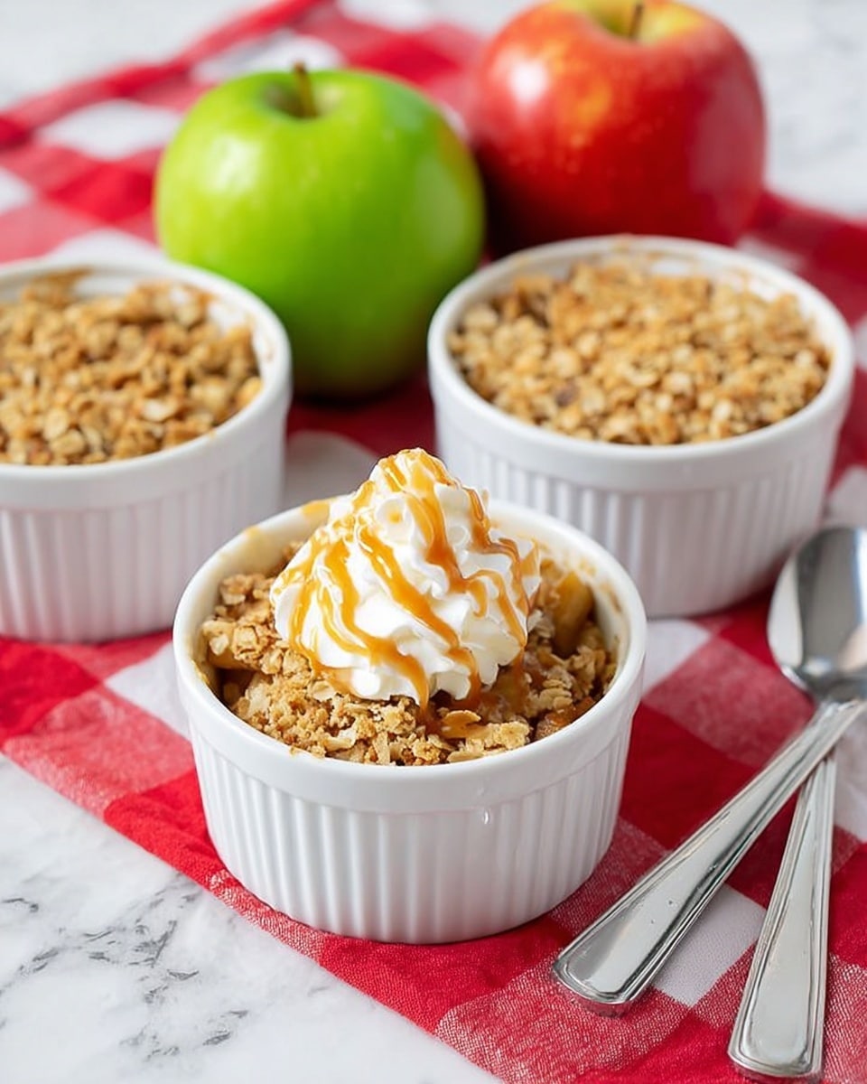 The image shows three white ramekins filled with apple crisp, each with a golden-brown crumbly oat topping. The ramekin in the front center has a swirl of white whipped cream drizzled with caramel sauce on top. Behind these ramekins, there are two apples, one green and one red, placed on a white marbled surface. To the right of the ramekins, there are two silver spoons resting on a red and white checkered cloth. The overall scene is bright and clean, giving a fresh and cozy feel. photo taken with an iphone --ar 4:5 --v 7