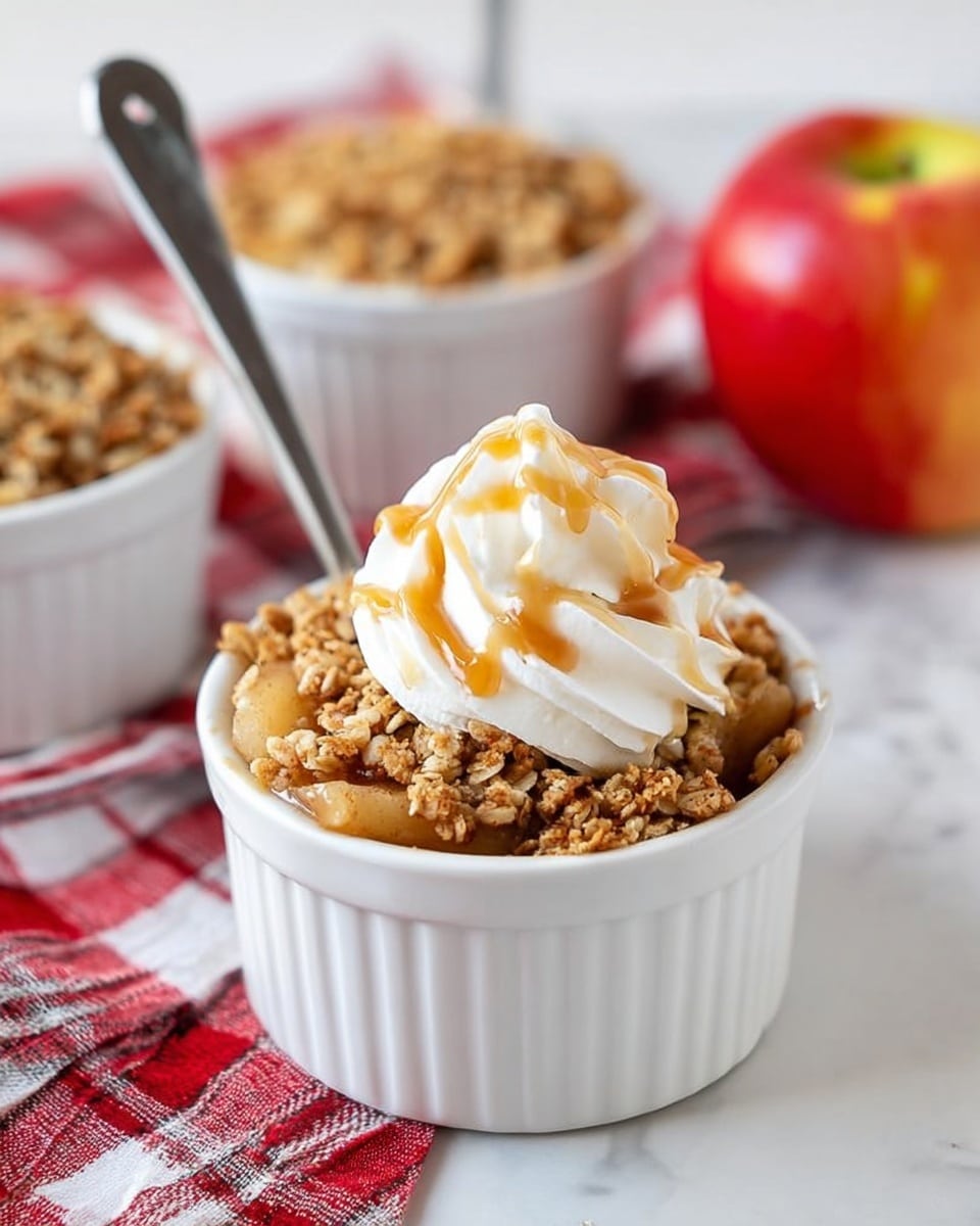 The image shows a small white ramekin filled with an apple crisp dessert placed on a white marbled surface with a red and white checkered cloth in the background. The dessert has a bottom layer of soft, cooked apple pieces with visible cinnamon and apple chunks, topped with a thick, crumbly golden brown oat and nut streusel layer. On top of this streusel, there is a generous swirl of white whipped cream drizzled with a light caramel sauce. A silver spoon is partially inserted into the ramekin on the left side. In the background, two more ramekins with similar apple crisp desserts and an apple are slightly blurred. Photo taken with an iphone --ar 4:5 --v 7