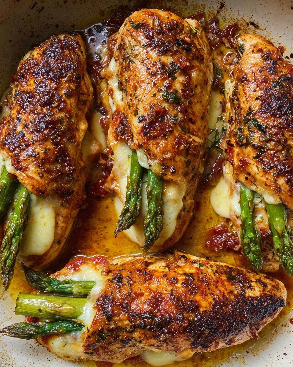 Three grilled chicken breasts are stuffed with green asparagus spears and melted cheese, secured with toothpicks, and placed in a white pan. The chicken has a golden-brown, seasoned crust with some charred spots and a shiny, slightly oily surface. The cheese is melted and oozing slightly from the sides along with bits of brown, caramelized sauce around the edges. The asparagus is vibrant green and peeks out from the middle of each stuffed chicken breast. The pan holds some juice and browning from cooking, giving a rich, rustic look. Photo taken with an iphone --ar 4:5 --v 7