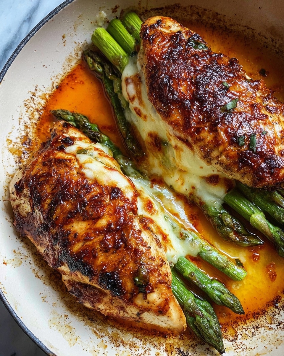 Two pieces of golden brown grilled chicken breasts filled with bright green asparagus stalks and melted white cheese, placed in a round white pan with a slightly burnt orange oily sauce surrounding them, showing a rich texture with some charred spots on the chicken surface and juicy edges, all set on a white marbled texture. photo taken with an iphone --ar 4:5 --v 7