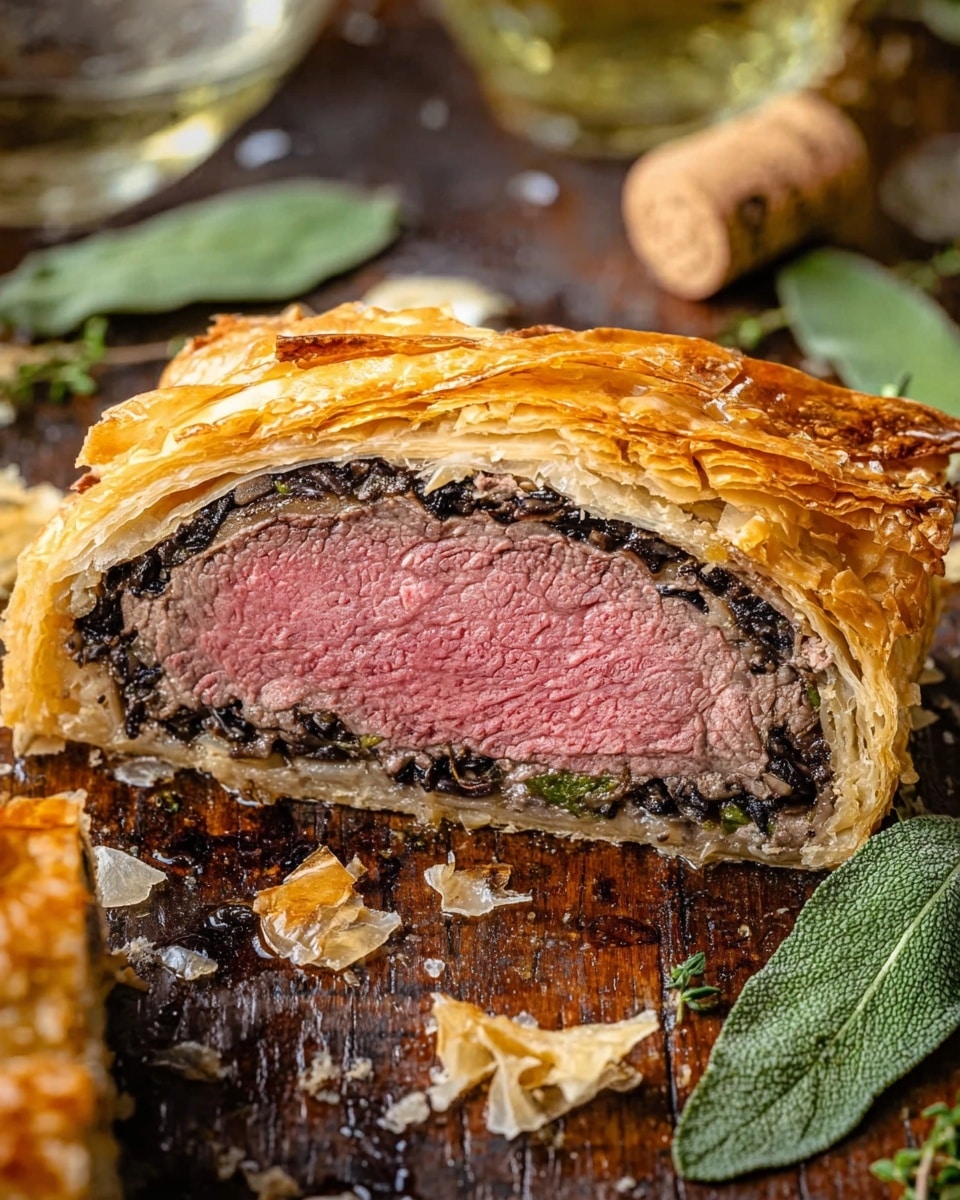 A close-up of a slice showing three main layers: the center is a thick, tender pink beef layer with a moist texture; this is surrounded by a thin dark brown finely chopped mushroom layer mixed with herbs; and an outer layer of golden, flaky pastry with crisp edges. Around the slice are bits of flaky pastry and fresh green sage leaves. The slice is placed on a rustic wooden surface with some oil drops and a wine cork nearby. Photo taken with an iphone --ar 4:5 --v 7