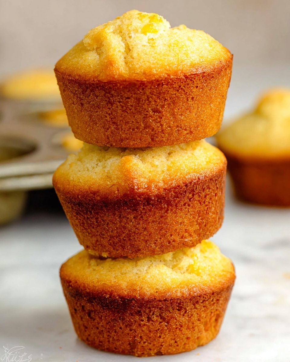 A stack of three golden brown cornbread muffins is shown close up, each muffin having a slightly domed top with a light, crumbly texture. The muffins have a darker, crispier crust around the edges and a soft, moist interior that is a lighter yellow color. The muffins are stacked directly on a white marbled surface, with a blurred metal muffin tray visible in the background. Photo taken with an iphone --ar 4:5 --v 7