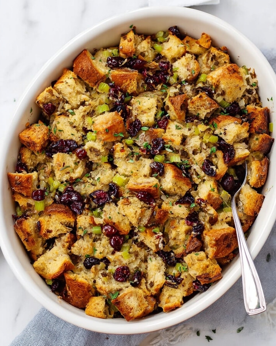 The dish is a baked stuffing in a white oval casserole dish, filled with roughly two layers of bread pieces that are golden-brown and toasted, mixed with chopped celery, herbs, and dark red dried cranberries scattered evenly throughout. The bread pieces vary in size and texture, some with slightly crispy edges, while bits of green herbs are sprinkled on top for color. The casserole is shown on a white marbled surface with a silver spoon resting on the right side inside the dish. photo taken with an iphone --ar 4:5 --v 7