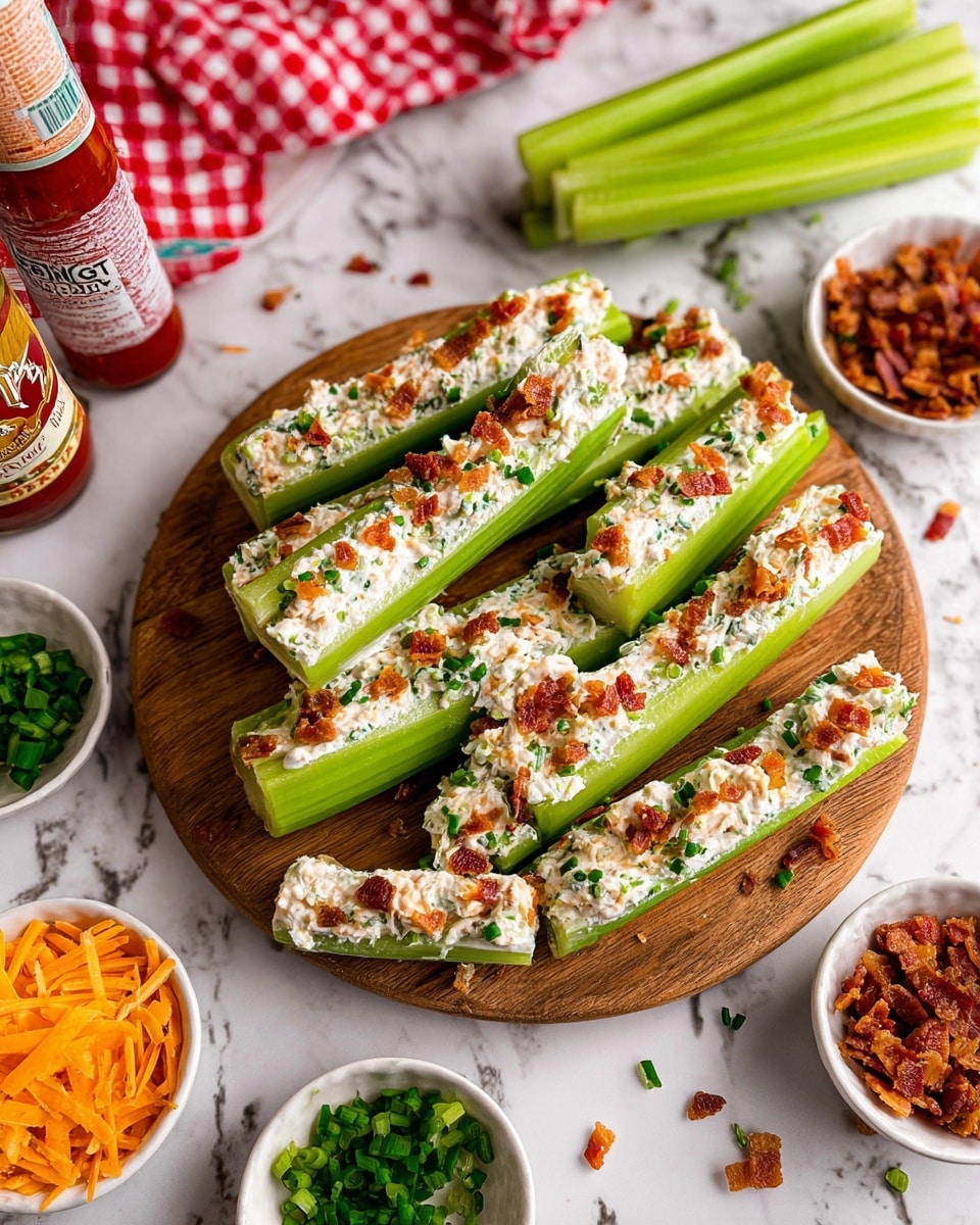 The image shows several celery sticks cut into medium-sized pieces placed on a round wooden board. Each celery stick is filled with a creamy white mixture that contains small bits of green herbs and orange-brown bacon pieces evenly spread on top. The celery's bright green color contrasts with the white and textured creamy filling sprinkled with crispy bacon and chopped chives. Around the board, on a white marbled surface, there are small white bowls containing chopped green chives, crispy bacon bits, and shredded orange cheese, along with some whole celery stalks and a bottle of hot sauce nearby. A red and white checkered cloth is partially visible in the upper left corner. Photo taken with an iphone --ar 4:5 --v 7