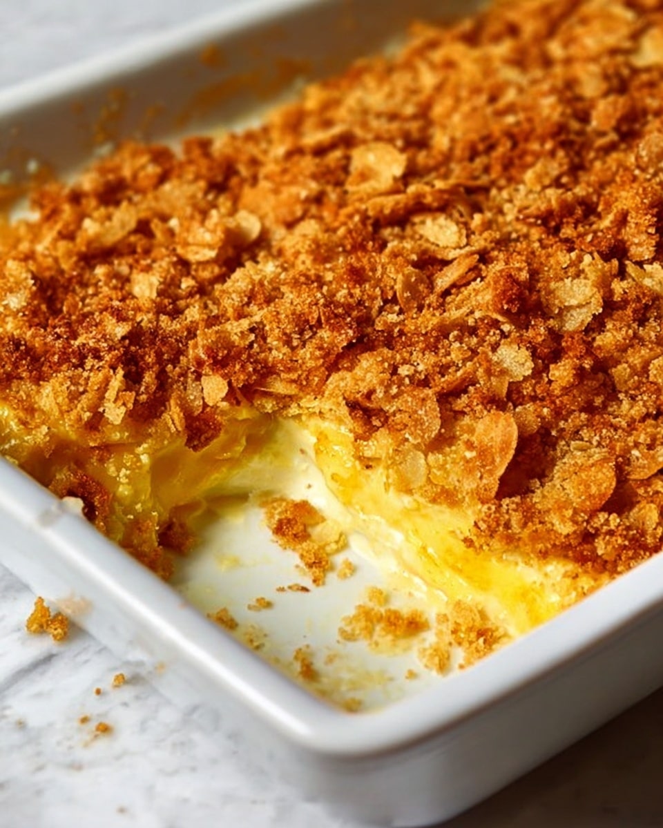 A close-up view of a baked dish in a white rectangular casserole dish with a white marbled texture surface underneath. The dish has one thick top layer of golden brown crispy crumbs that look crunchy and slightly uneven. Below the crust, there is a thick, creamy yellow layer that appears soft and smooth. Around the edges, some of the creamy layer has spilled out a bit, showing its melted texture. The crumble topping covers most of the dish except a portion at the corner where the filling is visible. Photo taken with an iphone --ar 4:5 --v 7