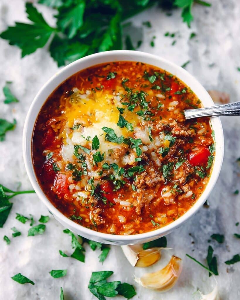 Stuffed Pepper Soup with Ground Beef and Rice Recipe