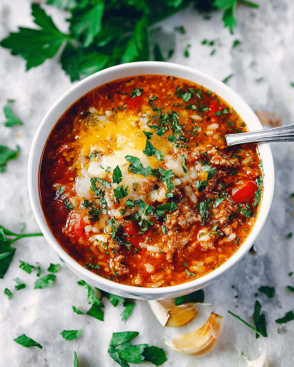 A white bowl filled with thick, rich soup showing layers of chunky ingredients like cooked rice, minced meat, red peppers, and small diced vegetables all mixed in a deep red broth. The top is covered with melting yellow and white cheese with bits of fresh green parsley sprinkled over it. A silver spoon is inside the bowl on the right side. Around the bowl are scattered green parsley leaves and bits of torn garlic skin, all placed on a white marbled surface. photo taken with an iphone --ar 4:5 --v 7