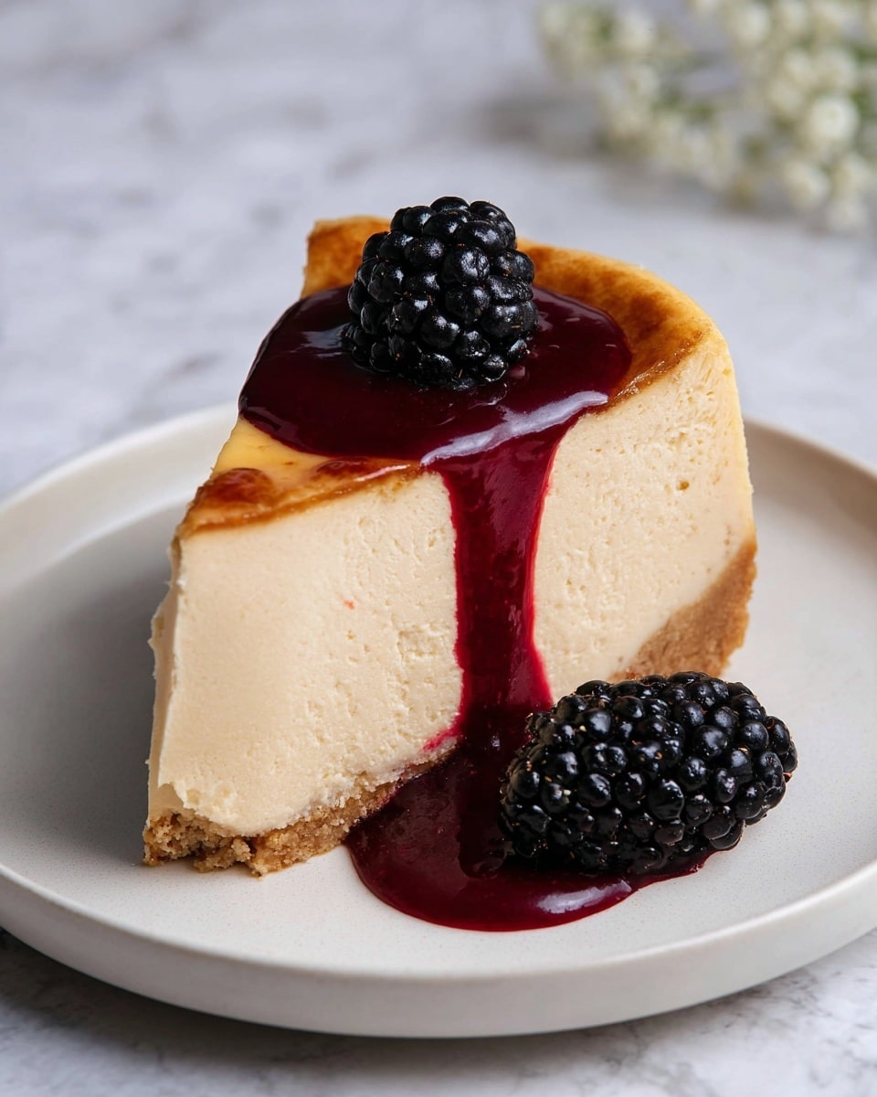 A single slice of creamy beige cheesecake with a smooth and slightly dense texture sits centered on a plain white plate. The cheesecake has one visible layer with a golden brown top that looks slightly caramelized. Vivid deep red berry sauce flows down from the top of the slice, pooling on the plate below. Two fresh blackberries, one placed on top of the cheesecake and one resting beside it on the plate, add a dark purplish-black contrast to the soft colors. The whole scene is set against a white marbled texture surface in soft focus. Photo taken with an iphone --ar 4:5 --v 7