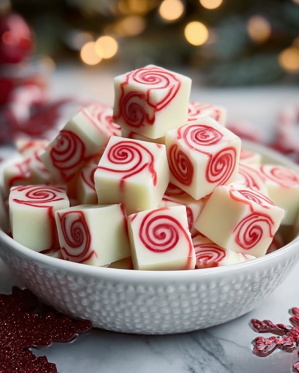 A close-up image shows a white bowl filled with many small cubes of peppermint candy, each cube having a smooth, creamy white base with red swirl patterns varying from circular spirals to wavy lines on each side. The candies are piled high in the bowl, creating a stacked, uneven top layer with different swirl designs visible on each cube’s face. The bowl holding the candies has a textured surface and a shallow depth. The background has blurred lights and Christmas decorations with a festive mood, all set on a white marbled texture. photo taken with an iphone --ar 4:5 --v 7