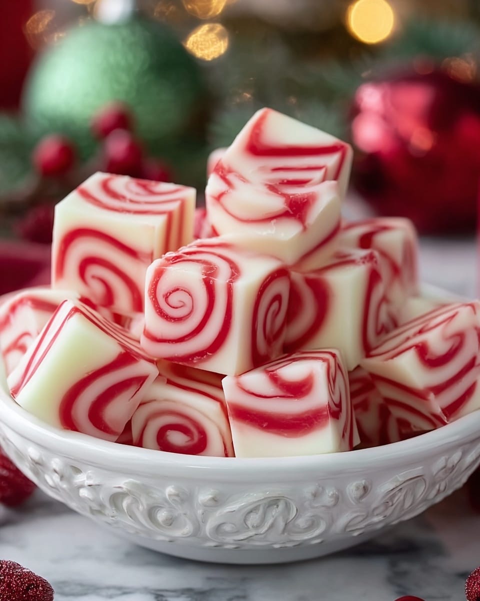 A close-up view of a pile of white and red swirled hard candies shaped like small cubes. Each candy has a smooth, glossy texture with red stripes and swirls wrapping around the white base. The candies fill a white decorative bowl with intricate patterns on the edges. The background features blurred green and red holiday decorations creating a festive feeling, all set on a white marbled surface. photo taken with an iphone --ar 4:5 --v 7