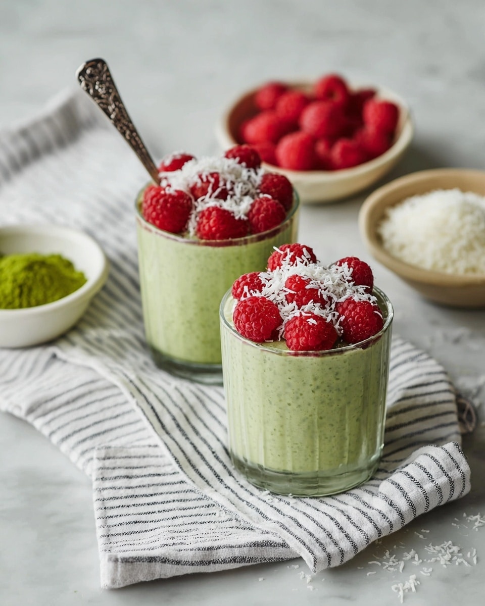 Two clear glasses each have two visible layers: a smooth, thick light green base layer topped with fresh bright red raspberries and white shredded coconut sprinkled on top. Each glass has a detailed silver spoon inserted vertically. The glasses are placed on a white cloth with thin black stripes, set on a white marbled texture. Surrounding are a small white bowl with green powder, a white bowl filled with more bright red raspberries, and a beige bowl with shredded white coconut. photo taken with an iphone --ar 4:5 --v 7