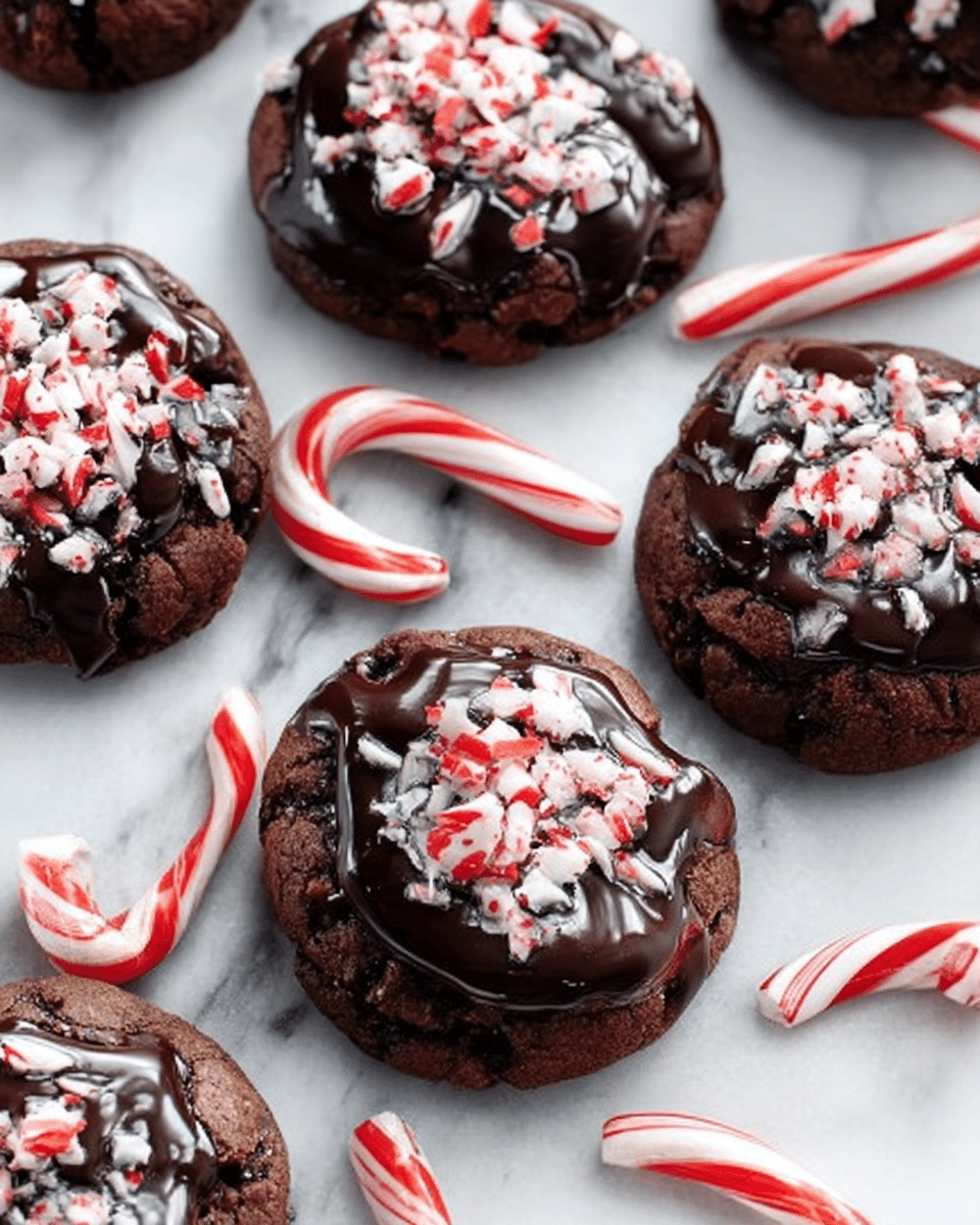 The image shows several chocolate cookies on a white marbled surface, each topped with a layer of glossy melted dark chocolate and sprinkled with crushed red and white candy cane pieces. Around the cookies, there are whole candy canes with red and white stripes placed casually. The cookies are round and rich in color, with the dark chocolate and candy pieces creating a textured and colorful contrast on top. photo taken with an iphone --ar 4:5 --v 7