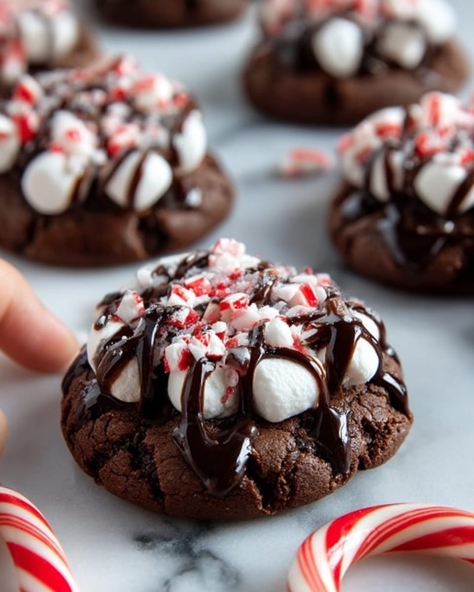 The image shows round, dark brown chocolate cookies placed on a white marbled surface, each topped with white marshmallows, drizzled with shiny, dark chocolate syrup, and sprinkled with red and white crushed candy cane pieces. One cookie is held by a woman's hand on the right side, with the topping clearly visible. Around the cookies, whole red and white striped candy canes lay on the surface, adding a festive touch. The cookies have a soft texture with slightly rough edges, and the combination of glossy chocolate syrup, fluffy marshmallows, and crunchy candy cane pieces creates a rich and colorful top layer. Photo taken with an iphone --ar 4:5 --v 7