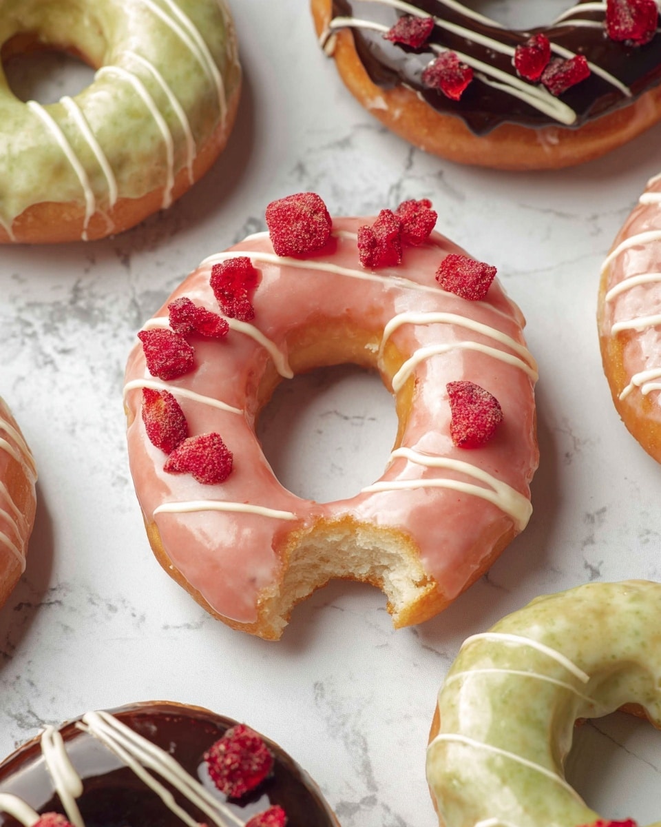 The image shows several ring-shaped donuts with eight rounded sections each, resting on a white marbled surface. The donut in the center has a light golden base covered with pink glaze that looks smooth and shiny. It is decorated with thin white icing lines drizzled across the top and topped with small chunks of bright red freeze-dried strawberries, giving contrasting texture and color. The donut has two bite marks revealing the soft, fluffy, white inside. Around it, there are other donuts with different glazes: one with a green slightly translucent glaze also drizzled with white icing, and another with a dark chocolate glaze topped with simple white icing lines. The overall look is colorful and fresh. photo taken with an iphone --ar 4:5 --v 7