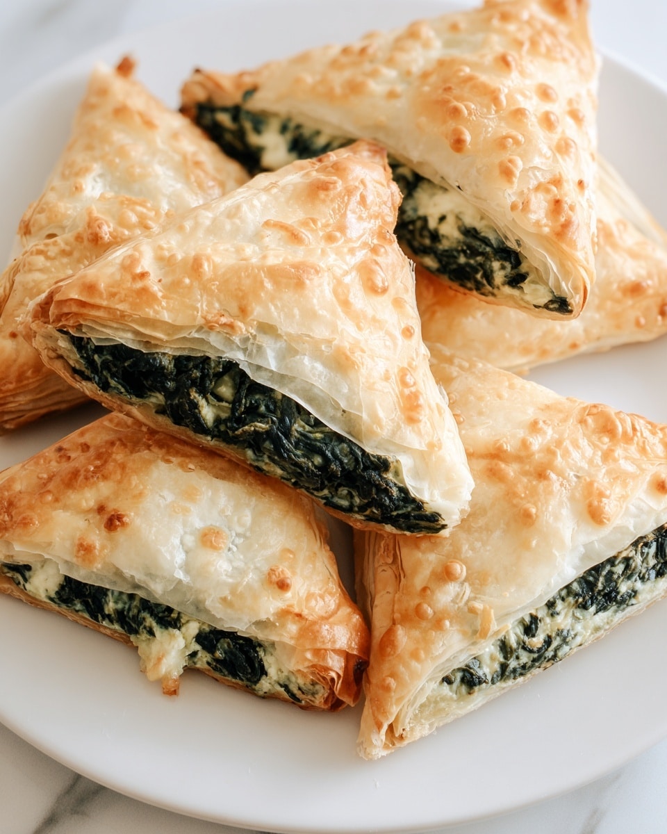 The image shows five triangular pastries arranged on a white plate, each filled with a dark green spinach mixture visible in the middle layer. The top and bottom layers are made of light golden-brown, flaky pastry with a slightly crispy texture and some parts showing bubbles and light browning. The spinach filling looks soft and moist with some melted white cheese mixed in, creating a contrast between the dark green and creamy white colors. The pastries are placed on a white marbled surface. photo taken with an iphone --ar 4:5 --v 7