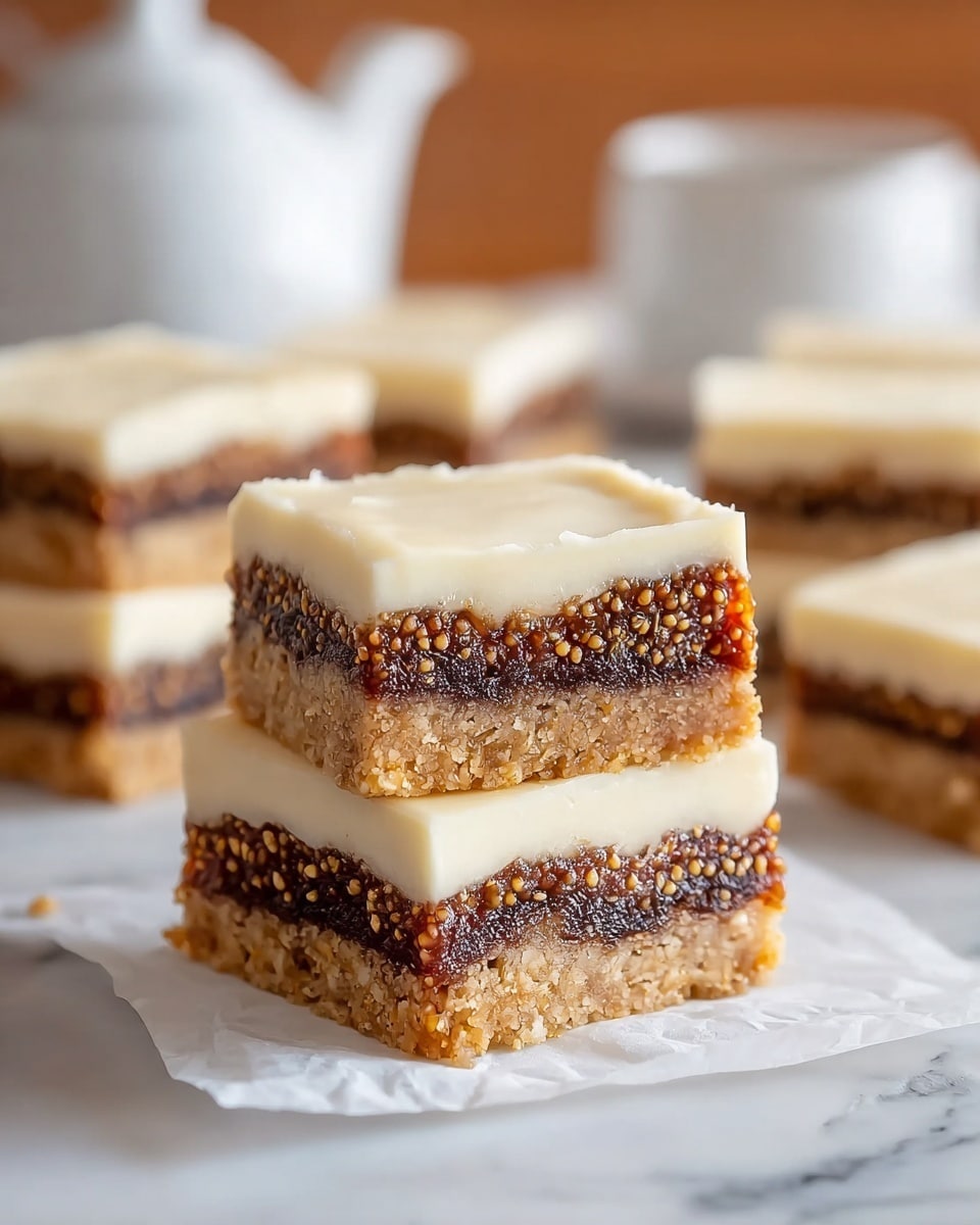 The image shows two square layered bars stacked on top of each other on a piece of white parchment paper. Each bar has three layers: a bottom layer of light golden crumbly crust, a thick middle layer of dark brown fig filling with small seed textures, and a top layer of smooth, creamy white icing. In the blurred background, there are more similar bars and a white teapot. Everything is set on a white marbled surface. photo taken with an iphone --ar 4:5 --v 7