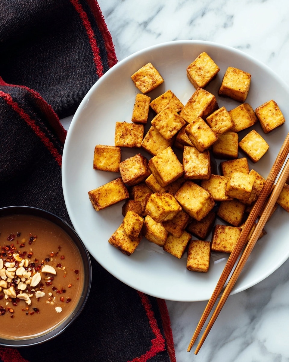 The image shows a white plate filled with golden brown tofu cubes that look crispy on the outside, placed on a white marbled surface. The tofu pieces are roughly bite-sized and scattered evenly across the plate. Two wooden chopsticks are resting on the right side of the plate, touching some tofu pieces. Next to the plate, there is a bowl with a brown sauce topped with a few crushed peanuts and a sprinkle of red chili flakes. A dark cloth with red trim is partially visible beneath the plate and bowl. The photo taken with an iphone --ar 4:5 --v 7