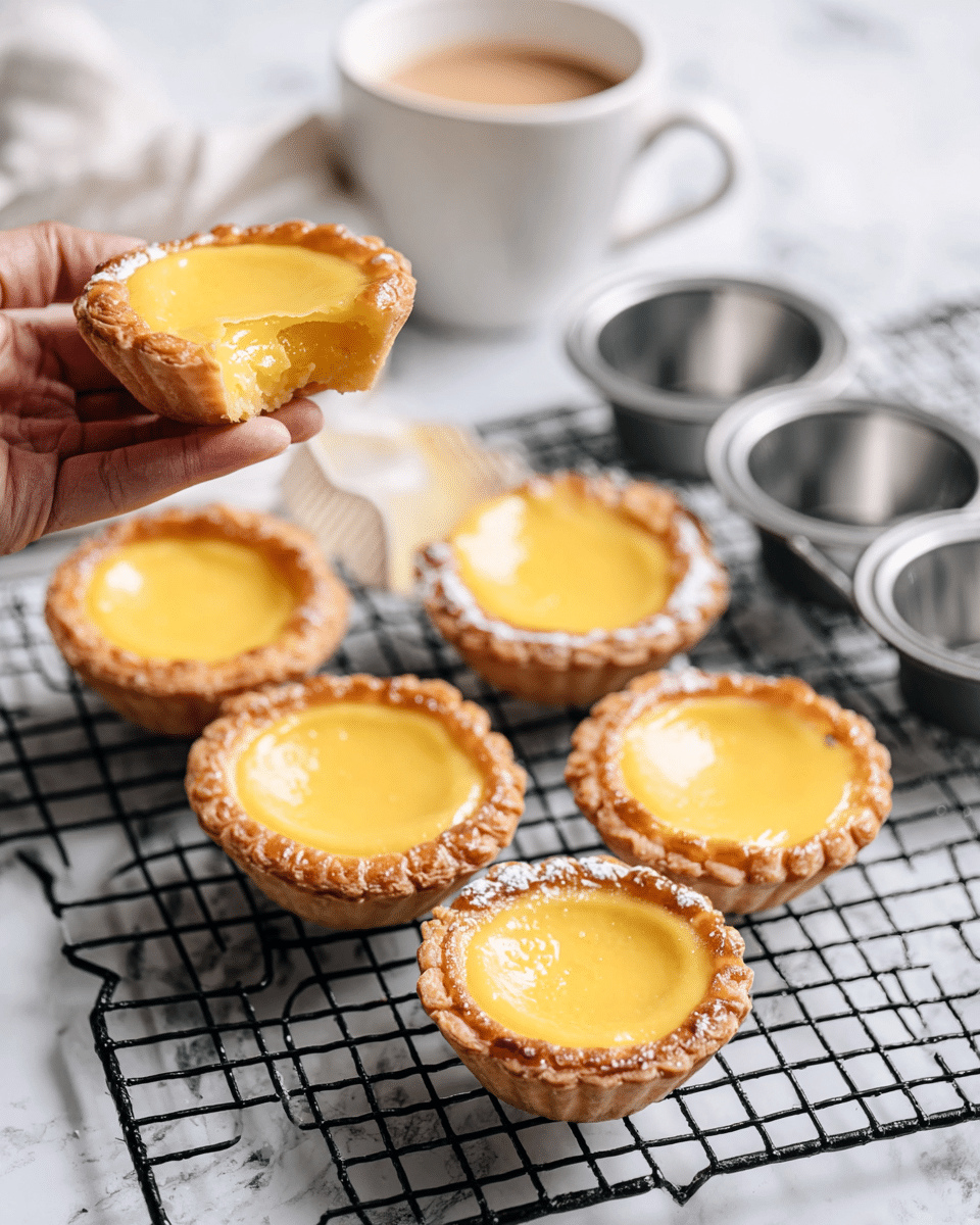 The image shows six small egg tarts with crispy, light golden crusts formed into a round shape with ridged edges, each filled with smooth, shiny yellow custard. One tart in the front has a bite taken out, revealing a soft, creamy interior. The tarts are placed on a black cooling rack over a white marbled surface, with a white cup of coffee in the blurred background. A woman's hand is holding one tart in the air, adding depth to the scene. Nearby, small empty tart metal molds rest on the right side of the rack. photo taken with an iphone --ar 4:5 --v 7
