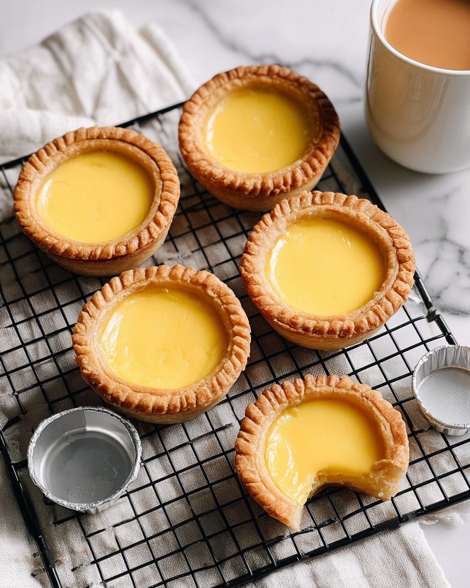 Five small egg tarts with smooth, shiny, light yellow custard filling are placed on a black cooling rack over a white marbled surface with a cloth underneath. The tarts each have a flaky, golden-brown crust with a ridged edge. One tart in the front has a bite taken out of it, showing the soft custard inside. A small empty tart tin is beside the tarts. In the top right corner, there is a white cup filled with light brown tea or coffee. photo taken with an iphone --ar 4:5 --v 7