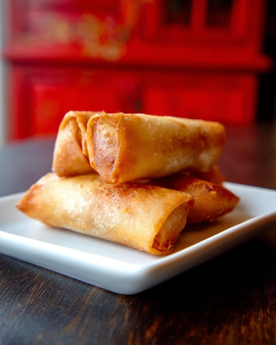 Three golden brown spring rolls are stacked in a pyramid shape on a simple white square plate. The spring rolls have a crispy, slightly blistered texture with light spots showing their fried surface. The plate sits on a dark wooden surface with a blurred red wooden cabinet in the background, but the focus remains on the spring rolls. photo taken with an iphone --ar 4:5 --v 7
