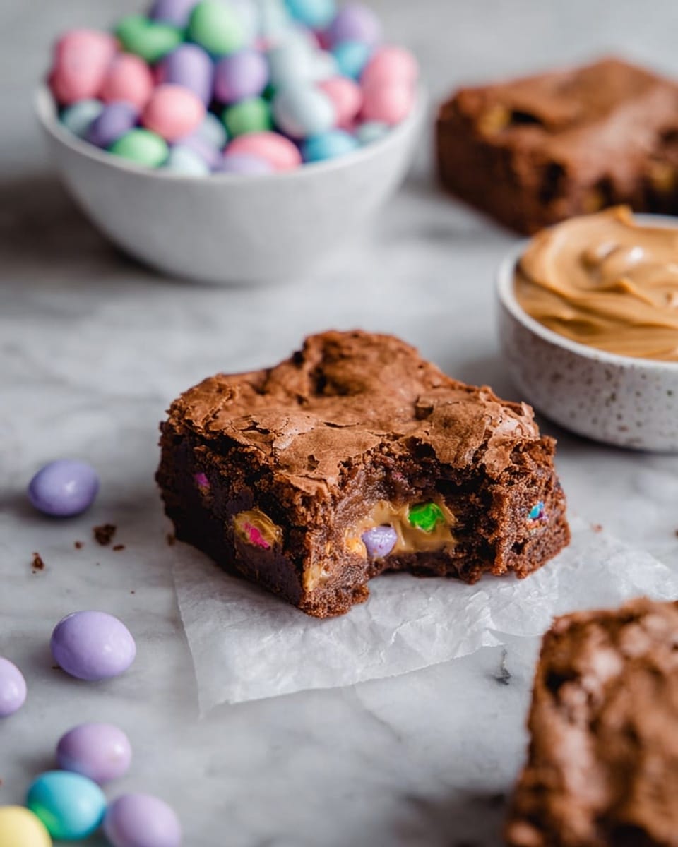 A close-up of a partly eaten square brownie with a cracked top layer showing bits of colorful candy pieces inside, sitting on white parchment paper over a white marbled surface; in the background, a white bowl filled with smooth peanut butter swirls and another white bowl full of pastel-colored candy-coated chocolates add soft, round shapes and bright colors to the soft, brown textured brownie. Photo taken with an iphone --ar 4:5 --v 7