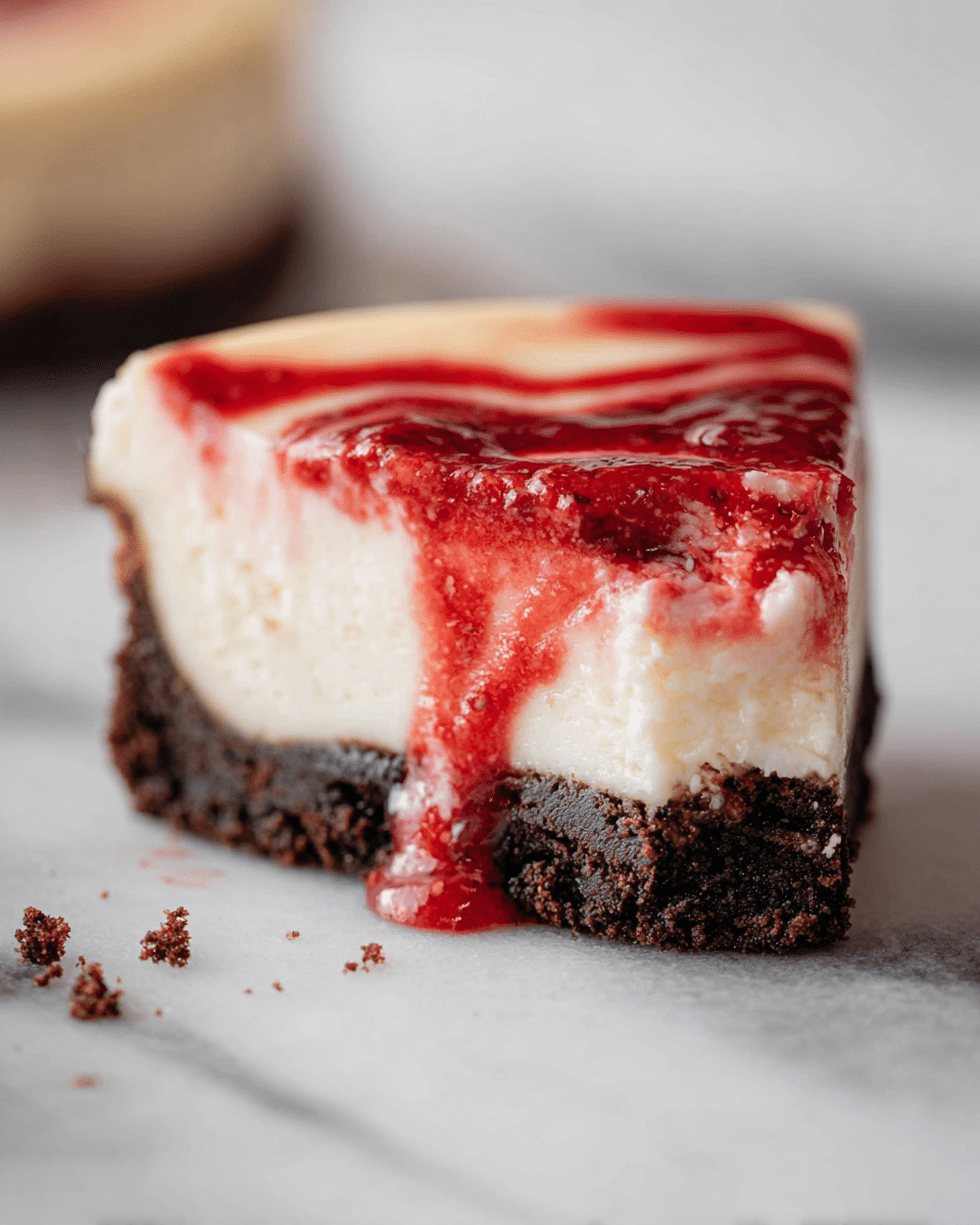 The image shows a close-up of a slice of cheesecake with three distinct layers. The bottom layer is a dark brown, crumbly crust, rough in texture. The middle layer is thick, smooth, and creamy white cheesecake filling, soft and dense. The top layer has a glossy, bright red swirl of strawberry sauce spread unevenly across the surface, with some sauce dripping down the side. The slice rests on a white marbled surface with a few crumbs scattered around. Photo taken with an iphone --ar 4:5 --v 7