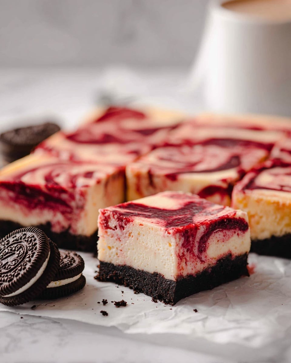 The image shows a square cheesecake cut into smaller squares, with two layers clearly visible. The bottom layer is dark, crumbly, and looks like a thick chocolate cookie crust. The top layer is creamy white with swirls of red berry sauce spread across the surface in a marbled pattern. One square piece is slightly pulled out from the rest, showing the thick layers clearly. There are two whole chocolate sandwich cookies with white cream filling placed in front of the cheesecake. Everything is set on a white marbled textured surface with a blurred white cup in the background. photo taken with an iphone --ar 4:5 --v 7