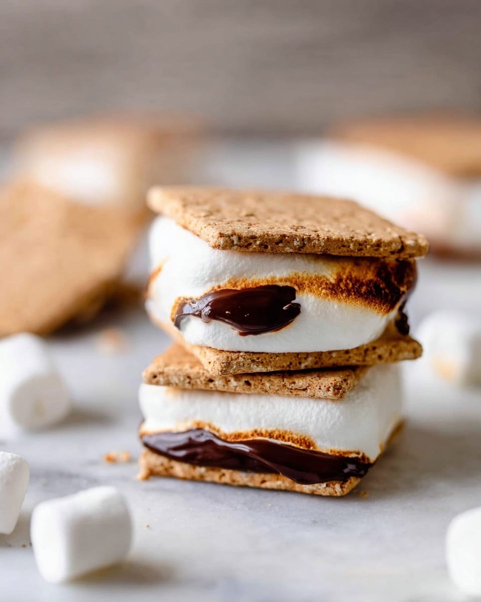 The image shows a close-up of two stacked s'mores on a white marbled surface. Each s'more has three layers: a light brown, textured graham cracker on the top and bottom, with a thick, soft, white melted marshmallow layer in between. A glossy, dark brown melted chocolate layer peeks out slightly beneath the top graham cracker, adding a rich contrast. The s'mores look gooey and freshly made, with soft edges on the marshmallows and a crumbly texture on the crackers. In the blurry background, there are more s'mores and marshmallows, enhancing the cozy, sweet atmosphere. photo taken with an iphone --ar 4:5 --v 7