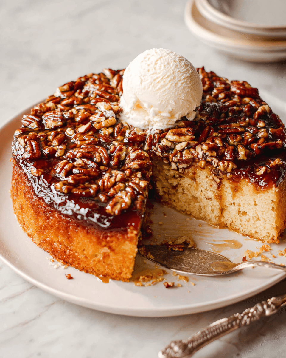 A round cake with two layers sits on a white plate over a white marbled surface. The bottom layer is a thick, light golden sponge cake with a soft, crumbly texture. The top layer is a shiny, dark brown pecan glaze made of chopped, glossy pecans tightly packed and coated with a rich caramel sauce. A scoop of creamy white vanilla ice cream rests on top where a slice has been cut out, showing the inside of the cake. There are some crumbs and a silver vintage cake server on the plate near the cake. Photo taken with an iphone --ar 4:5 --v 7