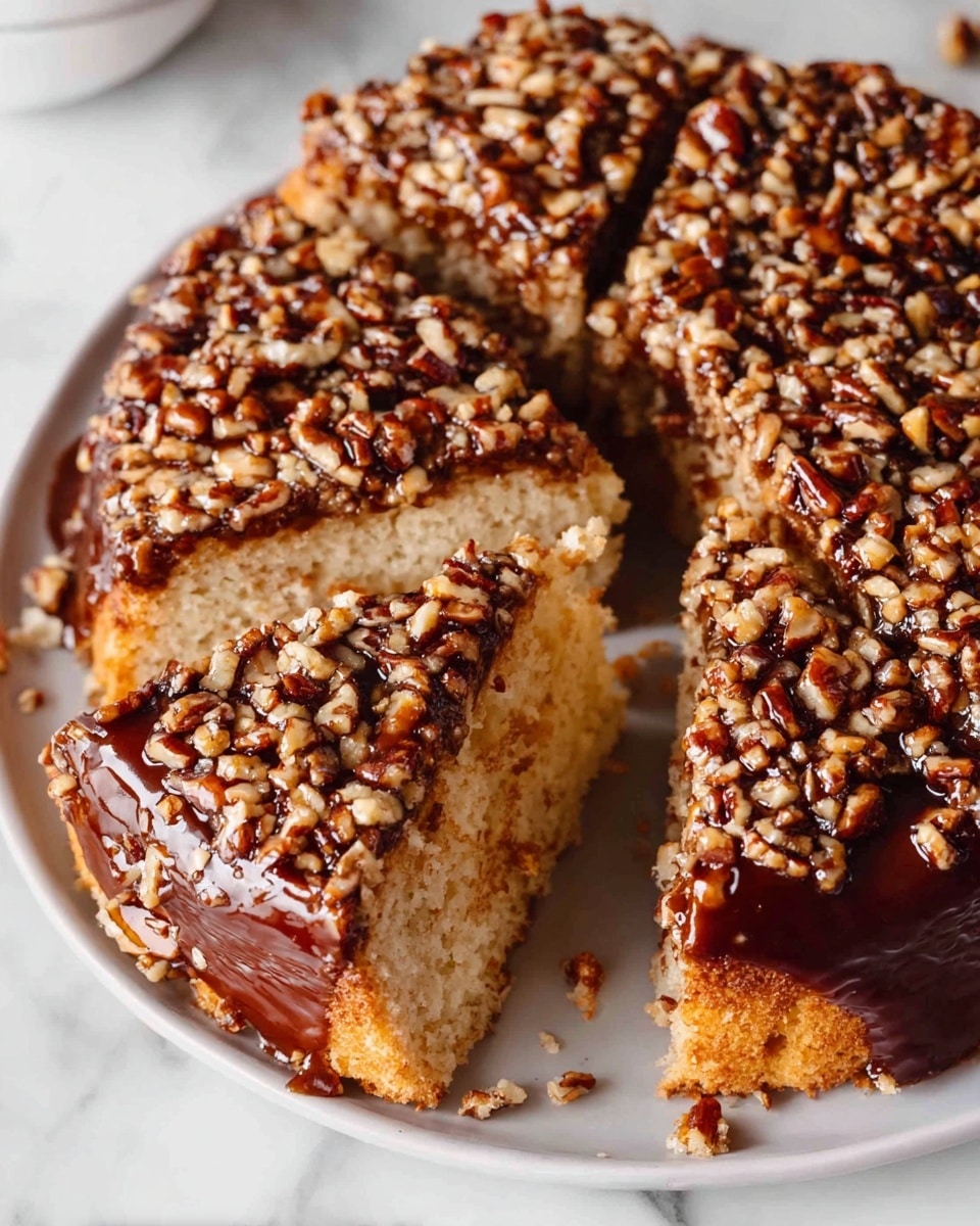 The image shows a close-up of a dessert cut into slices on a white plate, placed on a white marbled surface. The dessert has two main layers; the bottom layer is a light golden cake with a soft and slightly crumbly texture. The top layer is a shiny, dark brown caramel glaze filled with many small pieces of pecans, giving it a glossy, nutty appearance that contrasts with the pale base. The slices are arranged in a circle, with one slice slightly pulled out, revealing the inside layers and some crumbs scattered around. Photo taken with an iphone --ar 4:5 --v 7