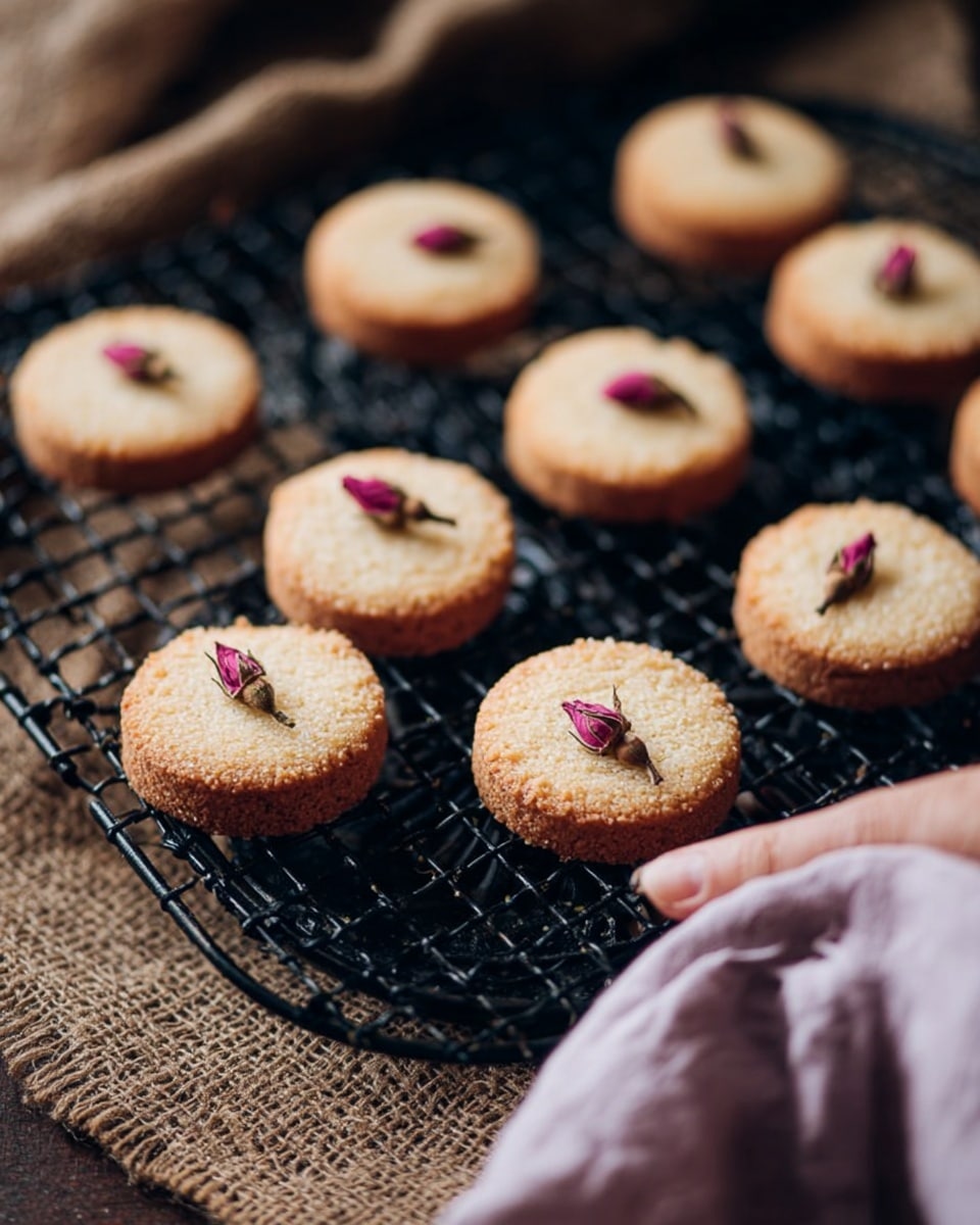 The image shows a black cooling rack holding twelve round cookies, each cookie having one layer with a light golden-brown color and a slightly crumbly texture. On top of each cookie, there is a small pink flower bud with a dark stem placed in the center. The cooling rack is on a rough brown textured cloth, and in the corner, a woman's hand is reaching towards the rack, holding a piece of light purple fabric. The background is softly blurred with a warm tone. photo taken with an iphone --ar 4:5 --v 7