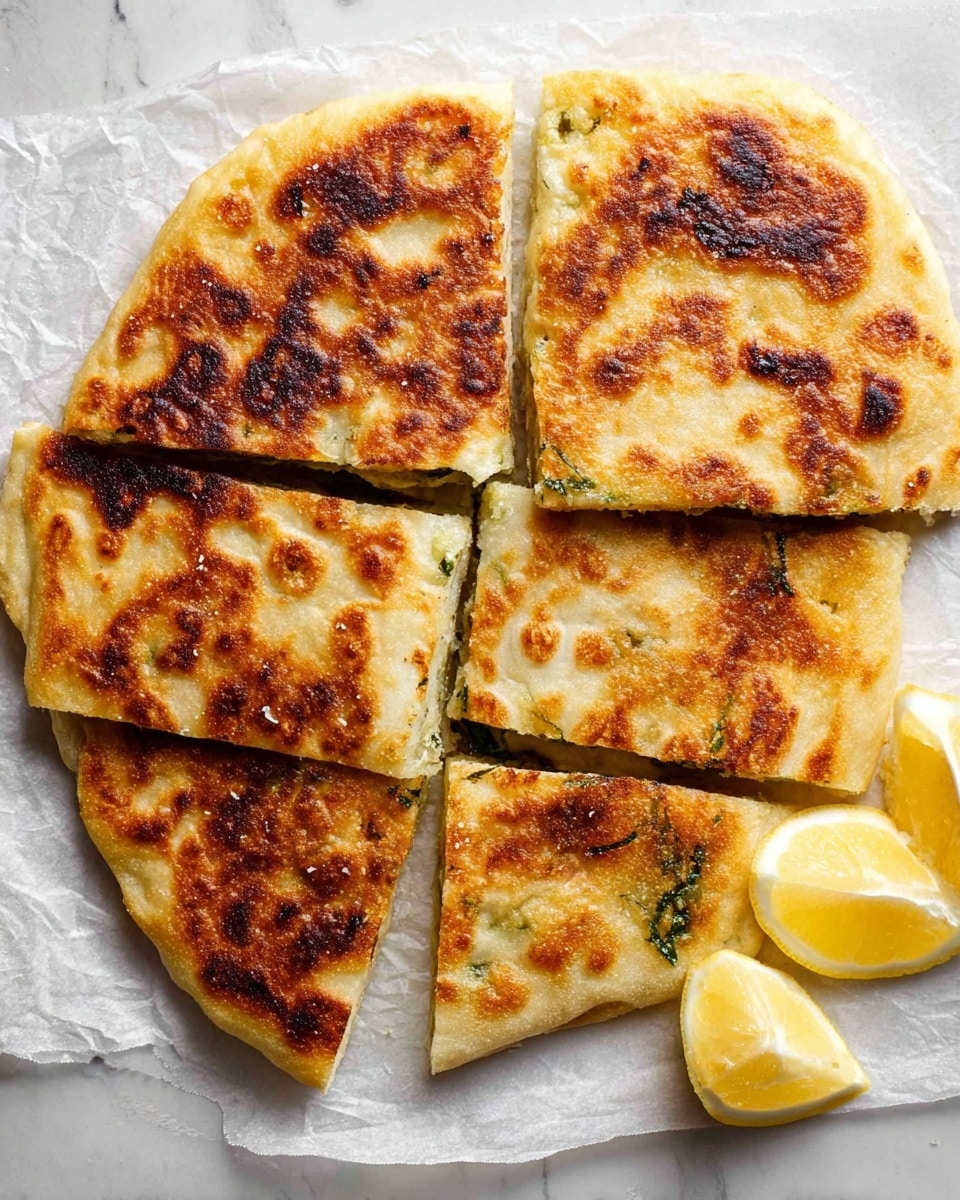 A round flatbread cut into six square pieces on white parchment paper, each piece showing a golden-brown crust with darker toasted spots and slightly puffed layers. The flatbread appears thick with a soft, slightly chewy texture and some green herbs visible peeking from the edges between layers. Next to the flatbread are two lemon wedges with light yellow flesh. The scene is set on a white marbled texture surface. photo taken with an iphone --ar 4:5 --v 7