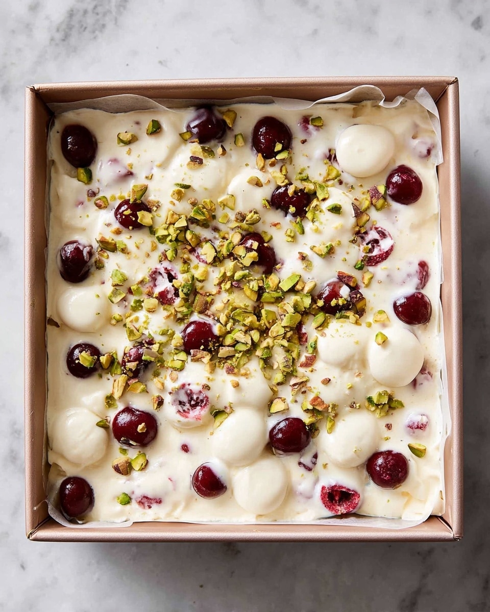The image shows a square baking pan filled with a creamy dessert layered with round white pieces, likely meringue or cookies, submerged in thick, smooth white cream. Scattered on top are small bright red cherries and crushed green pistachios, giving a contrast of colors and textures. The cherries are evenly spread across the dessert, while the pistachios are sprinkled more densely in the center. The pan is lined with parchment paper, and the background is a white marbled texture. photo taken with an iphone --ar 4:5 --v 7