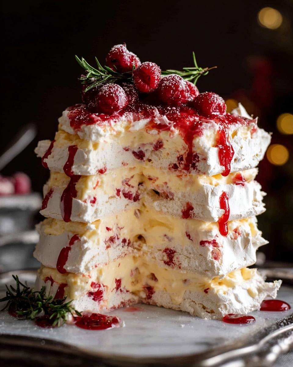 The image shows a tall, layered dessert made of white meringue and creamy yellow filling with bits of red fruit mixed in. There are at least four visible layers of white meringue, each separated by thick layers of creamy filling that has red fruit pieces inside. Red syrup drips down the sides, pooling slightly at the base. The dessert is topped with a few red berries and small green rosemary sprigs. The background is dark and blurry, with the dessert placed on a silver tray on a white marbled surface. Photo taken with an iphone --ar 4:5 --v 7