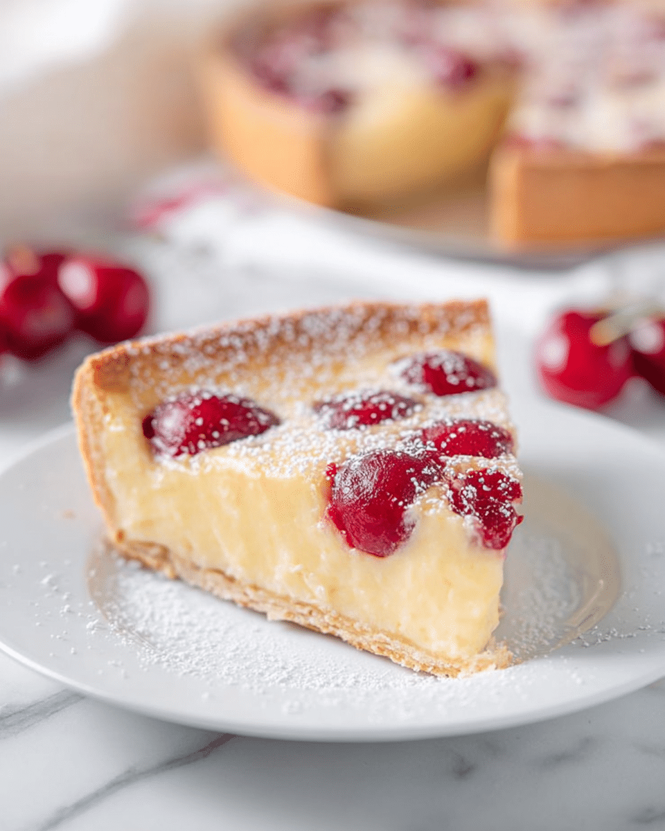 A single slice of light yellow custard pie with a golden brown crust sits centered on a white plate. The pie has a smooth creamy layer topped with whole red cherries, some slightly sunken into the custard. The surface is dusted with fine white powdered sugar, giving it a soft, snowy look. In the background, there is a blurred whole pie and a few fresh red cherries on a white marbled surface. photo taken with an iphone --ar 4:5 --v 7