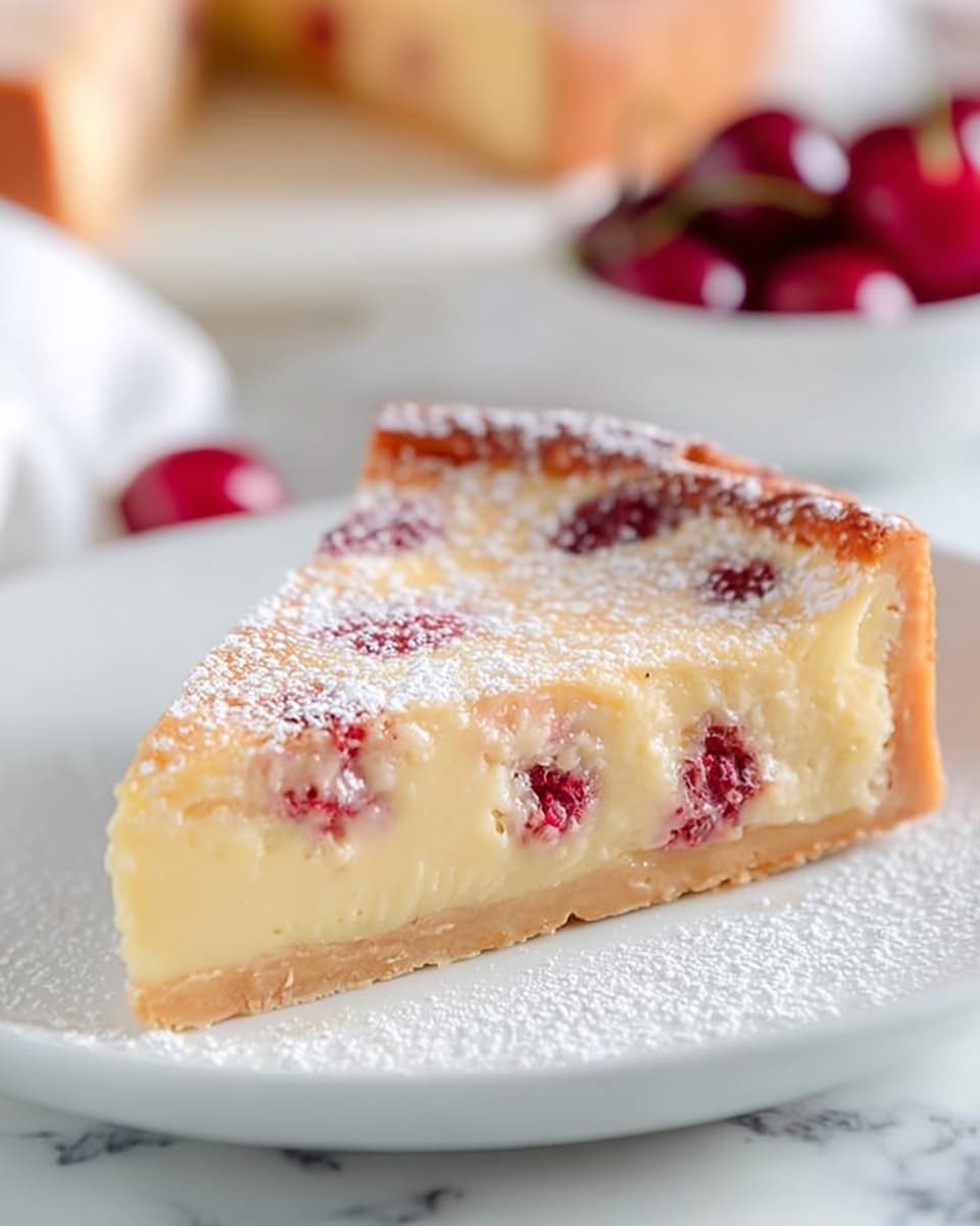 A slice of creamy custard tart with a golden-brown crust sits on a white plate on a white marbled texture. The tart has three visible layers: a firm, light brown base crust, a thick smooth pale yellow custard middle, and a top layer dotted with reddish raspberry pieces partly embedded in the custard. The surface is dusted lightly with white powdered sugar, adding a soft texture contrast. The background is softly blurred with hints of red cherries and another dessert. Photo taken with an iphone --ar 4:5 --v 7